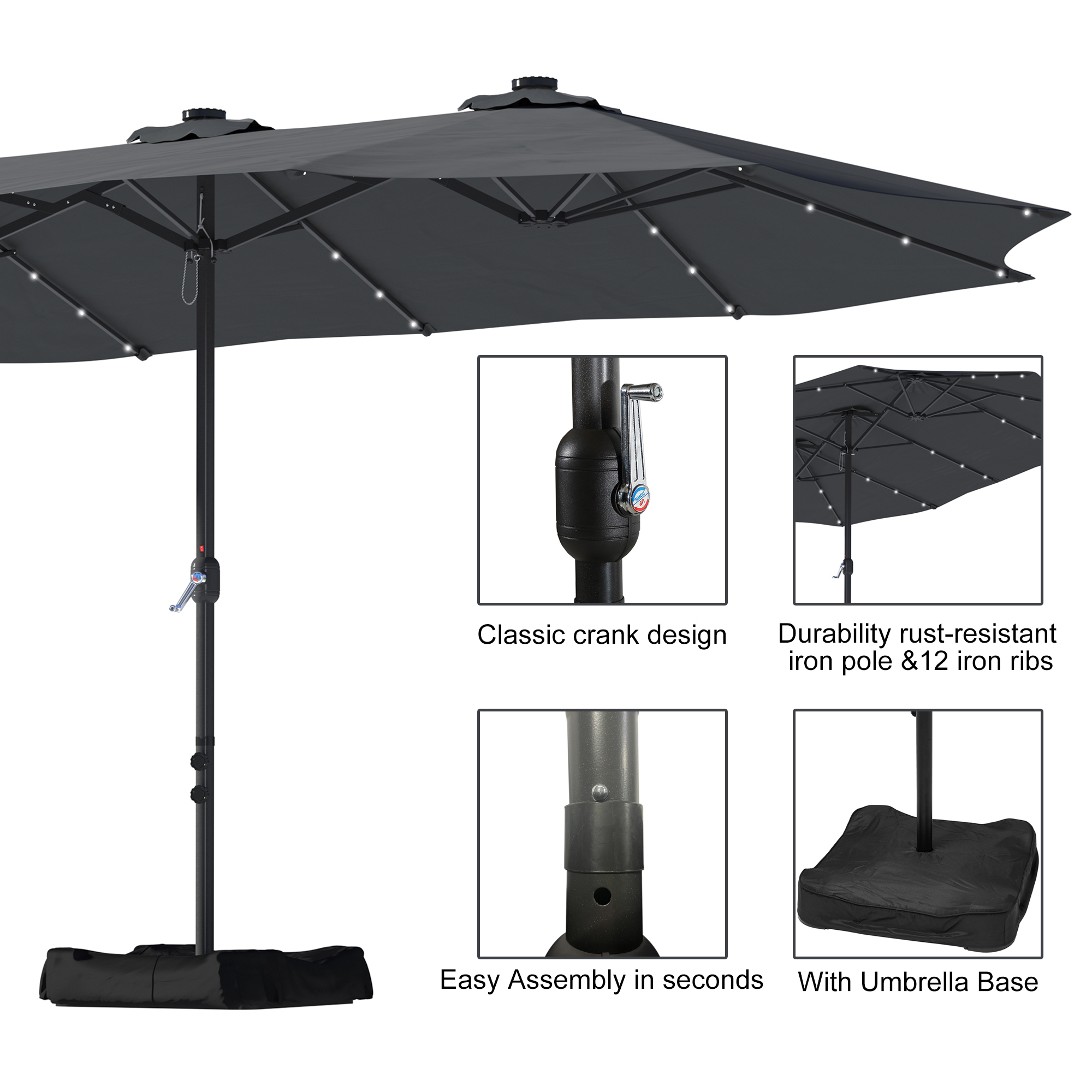 15ft Patio Steel Rectangular Double-Sided Market Umbrella With Base, Classic Design or Solar LED Lights Options,UV Sun Protection & Easy Crank for Deck Pool Patio.