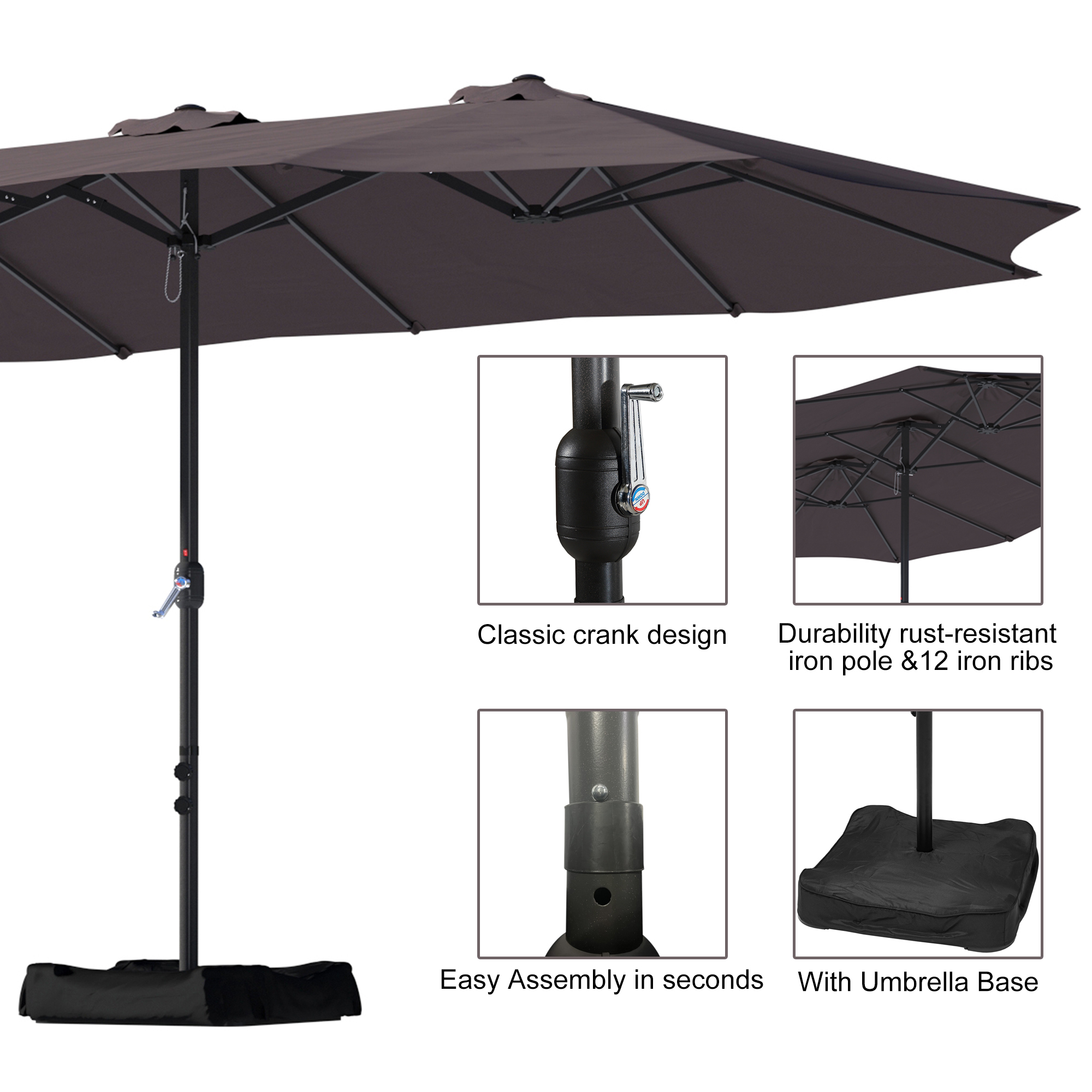 15ft Patio Steel Rectangular Double-Sided Market Umbrella With Base, Classic Design or Solar LED Lights Options,UV Sun Protection & Easy Crank for Deck Pool Patio.