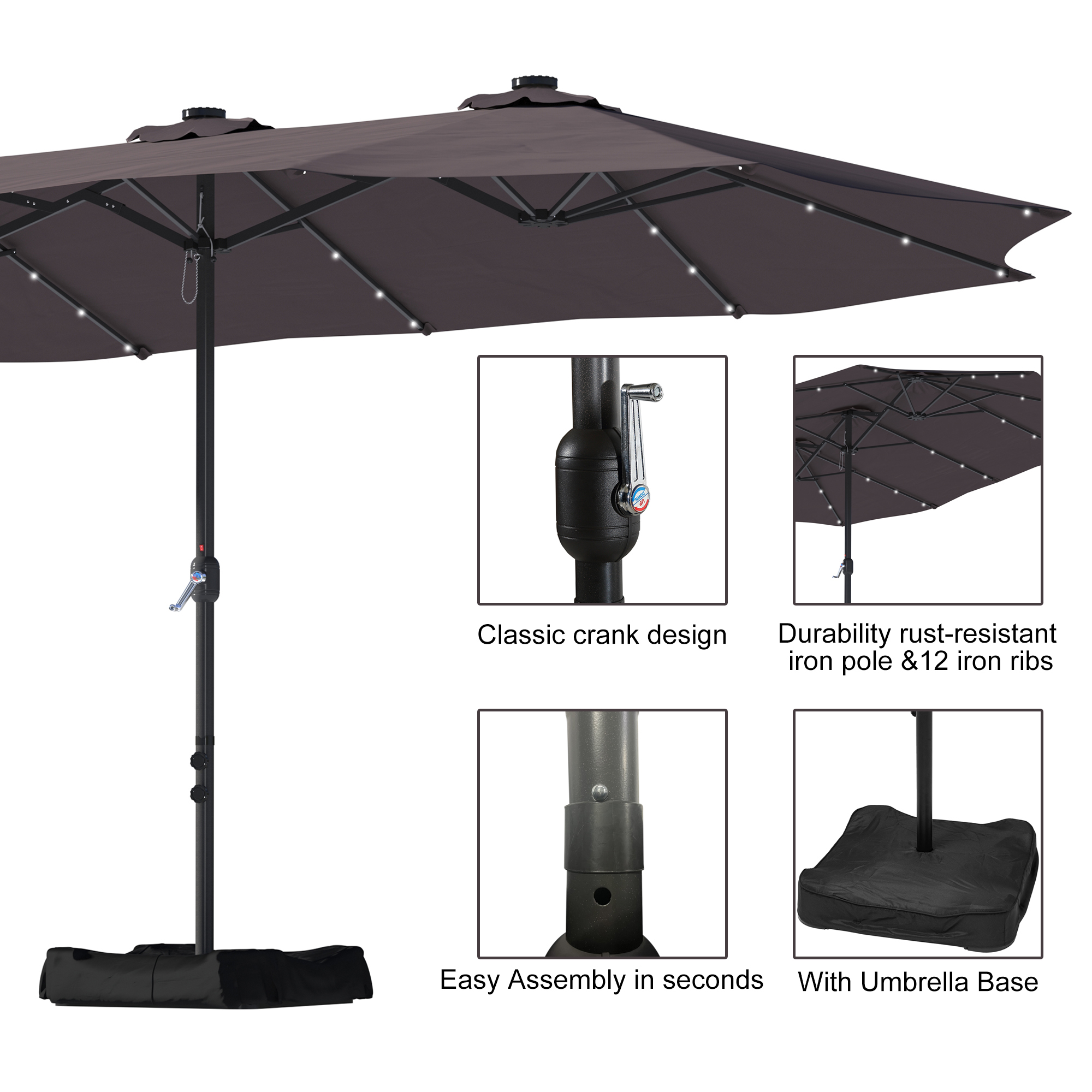 15ft Patio Steel Rectangular Double-Sided Market Umbrella With Base, Classic Design or Solar LED Lights Options,UV Sun Protection & Easy Crank for Deck Pool Patio.