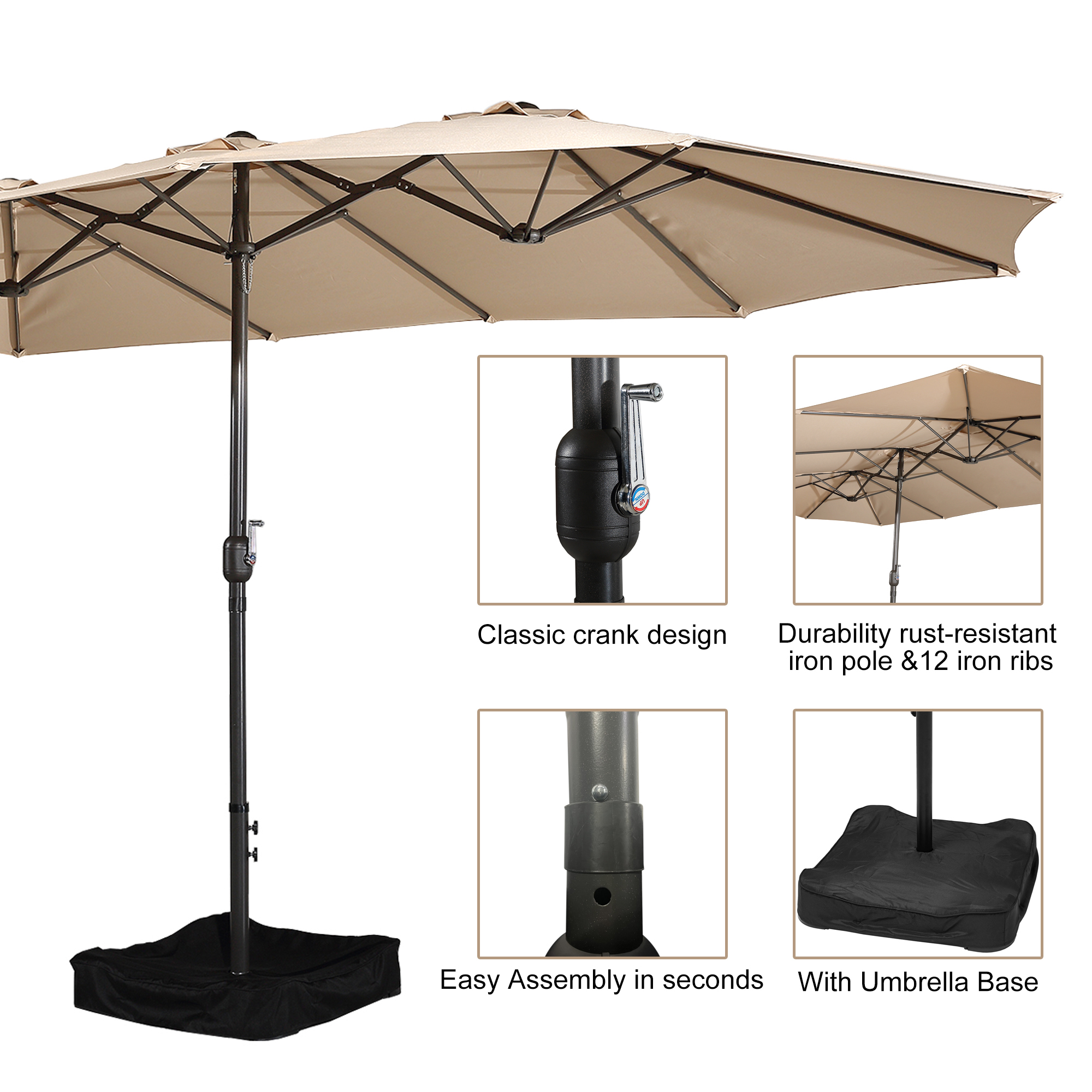 15ft Patio Steel Rectangular Double-Sided Market Umbrella With Base, Classic Design or Solar LED Lights Options,UV Sun Protection & Easy Crank for Deck Pool Patio.