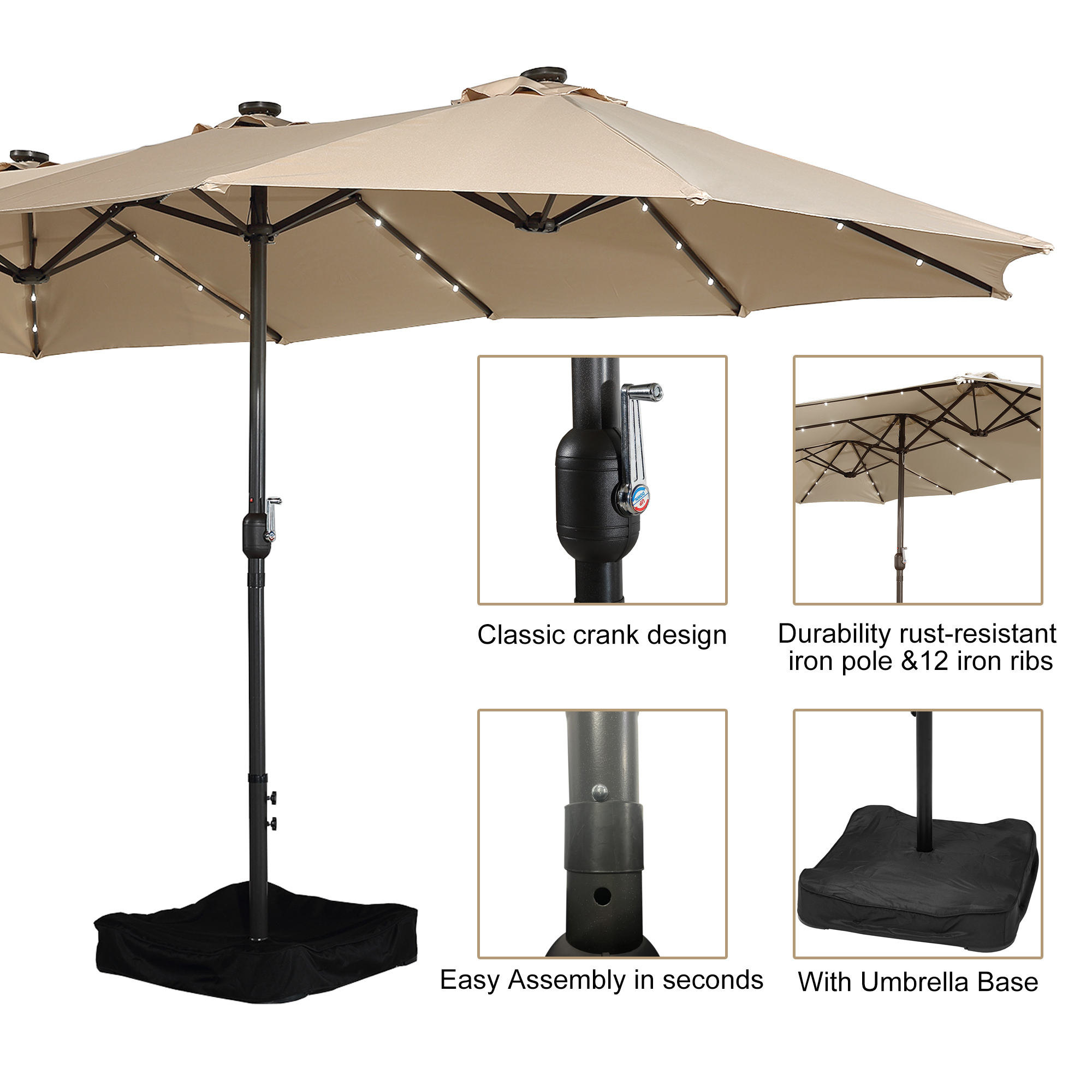 15ft Patio Steel Rectangular Double-Sided Market Umbrella With Base, Classic Design or Solar LED Lights Options,UV Sun Protection & Easy Crank for Deck Pool Patio.