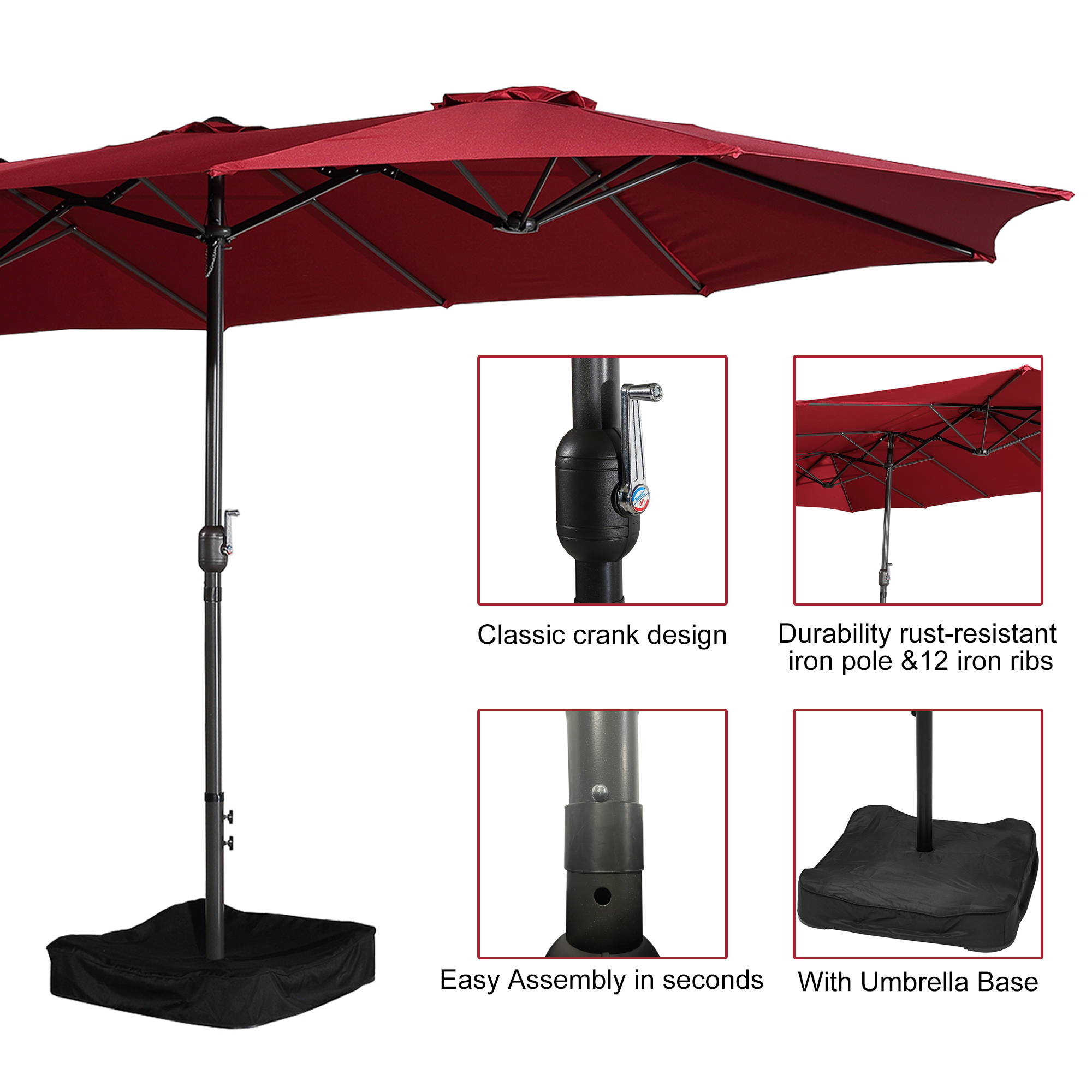 15ft Patio Steel Rectangular Double-Sided Market Umbrella With Base, Classic Design or Solar LED Lights Options,UV Sun Protection & Easy Crank for Deck Pool Patio.