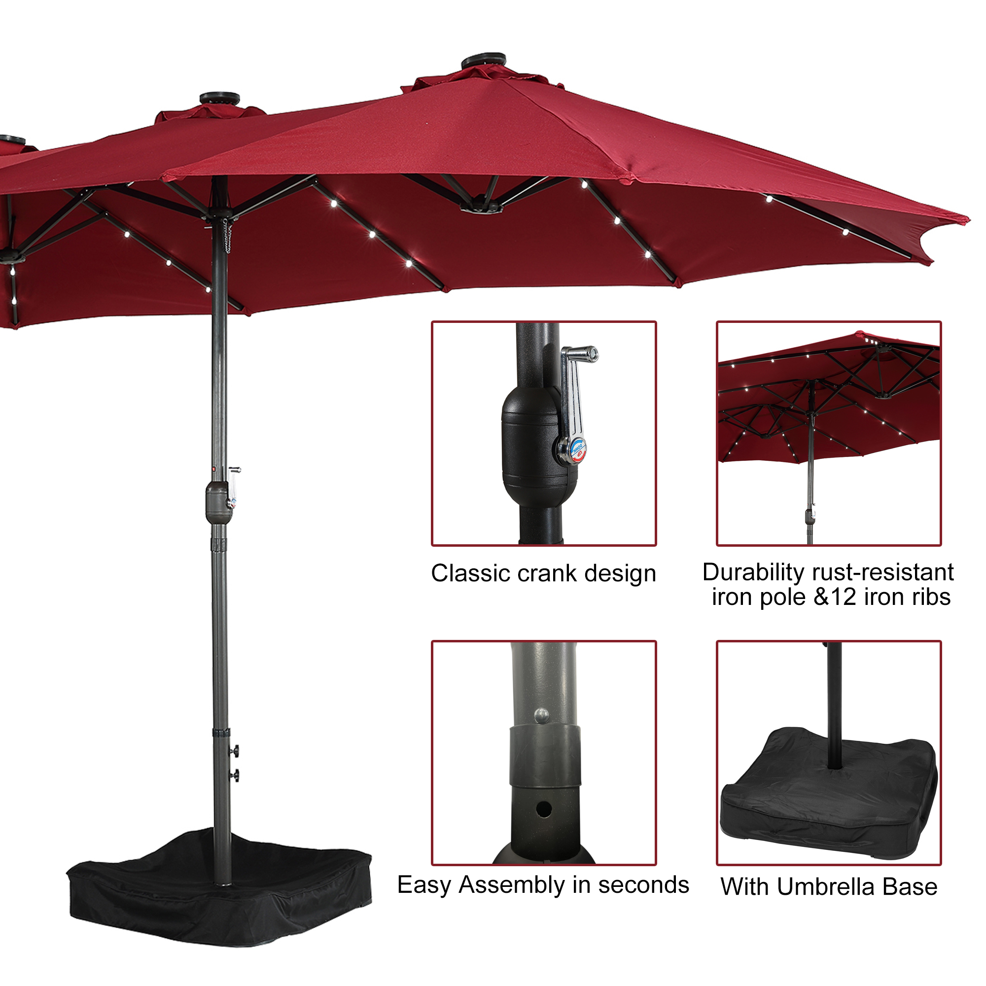 15ft Patio Steel Rectangular Double-Sided Market Umbrella With Base, Classic Design or Solar LED Lights Options,UV Sun Protection & Easy Crank for Deck Pool Patio.
