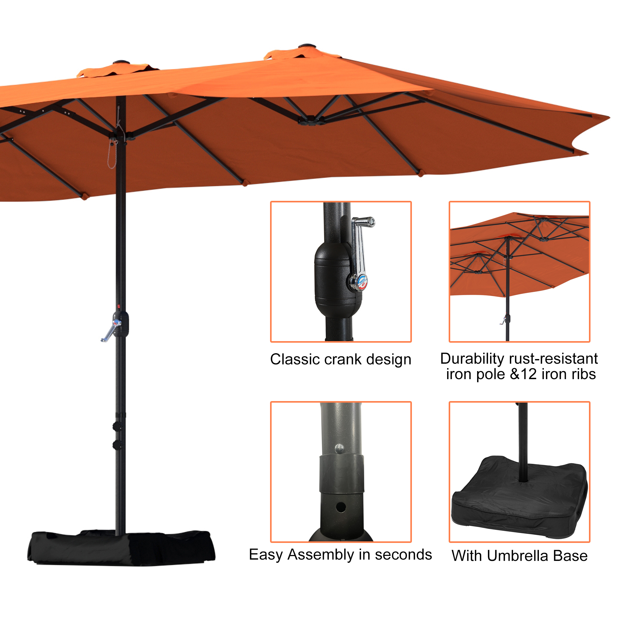 15ft Patio Steel Rectangular Double-Sided Market Umbrella With Base, Classic Design or Solar LED Lights Options,UV Sun Protection & Easy Crank for Deck Pool Patio.