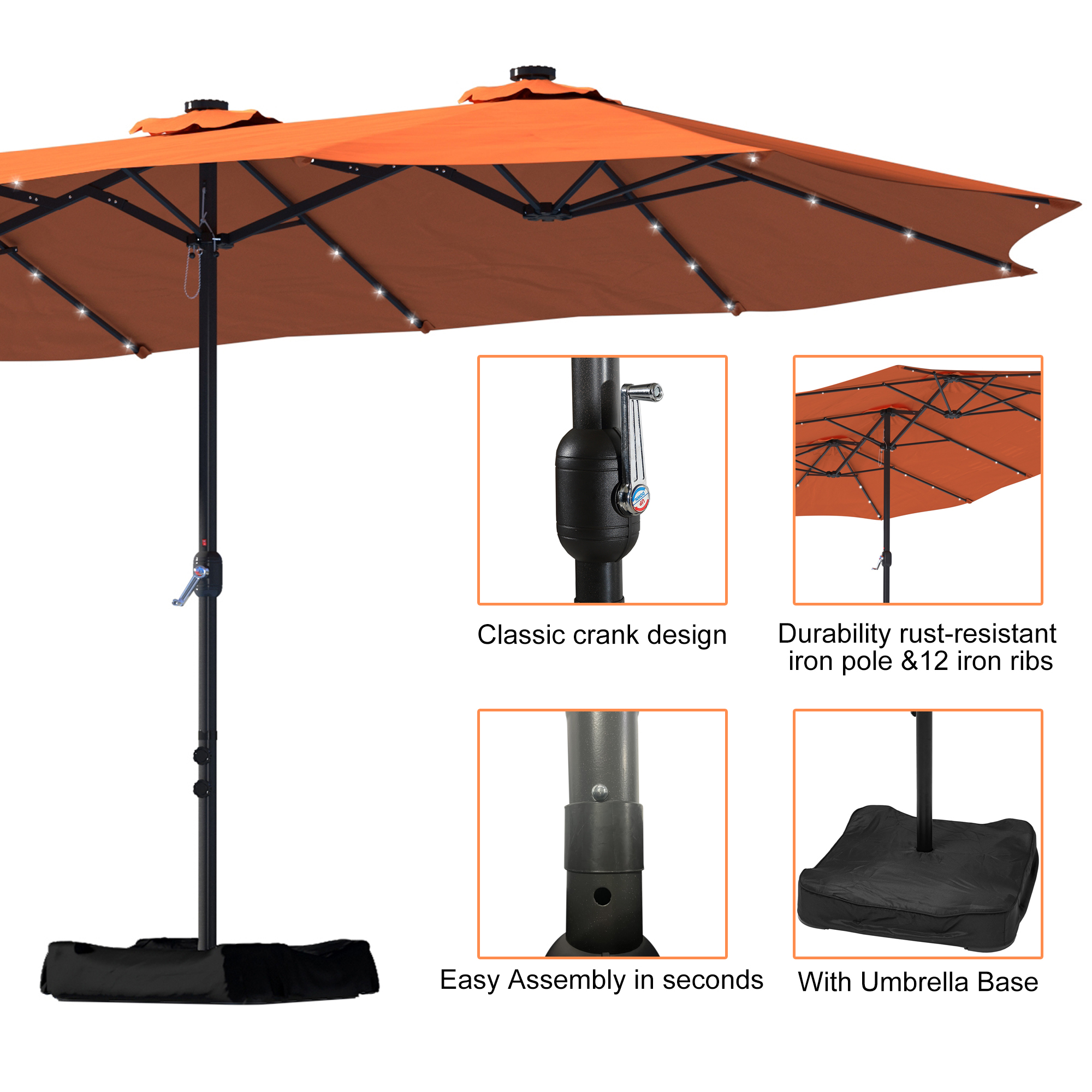 15ft Patio Steel Rectangular Double-Sided Market Umbrella With Base, Classic Design or Solar LED Lights Options,UV Sun Protection & Easy Crank for Deck Pool Patio.