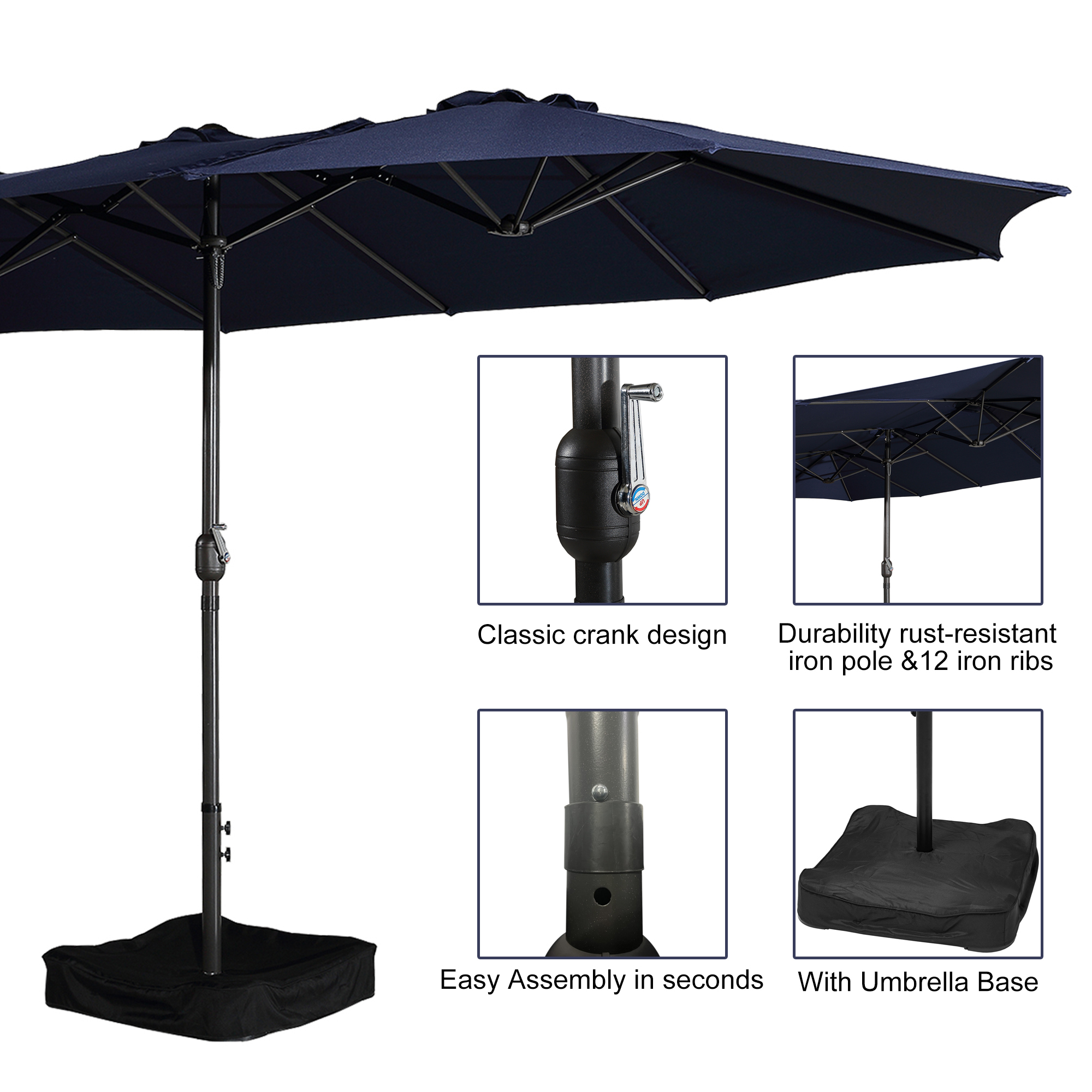 15ft Patio Steel Rectangular Double-Sided Market Umbrella With Base, Classic Design or Solar LED Lights Options,UV Sun Protection & Easy Crank for Deck Pool Patio.
