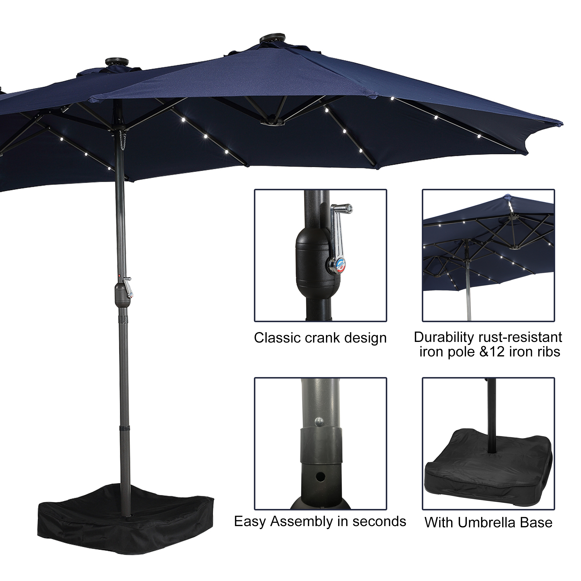 15ft Patio Steel Rectangular Double-Sided Market Umbrella With Base, Classic Design or Solar LED Lights Options,UV Sun Protection & Easy Crank for Deck Pool Patio.