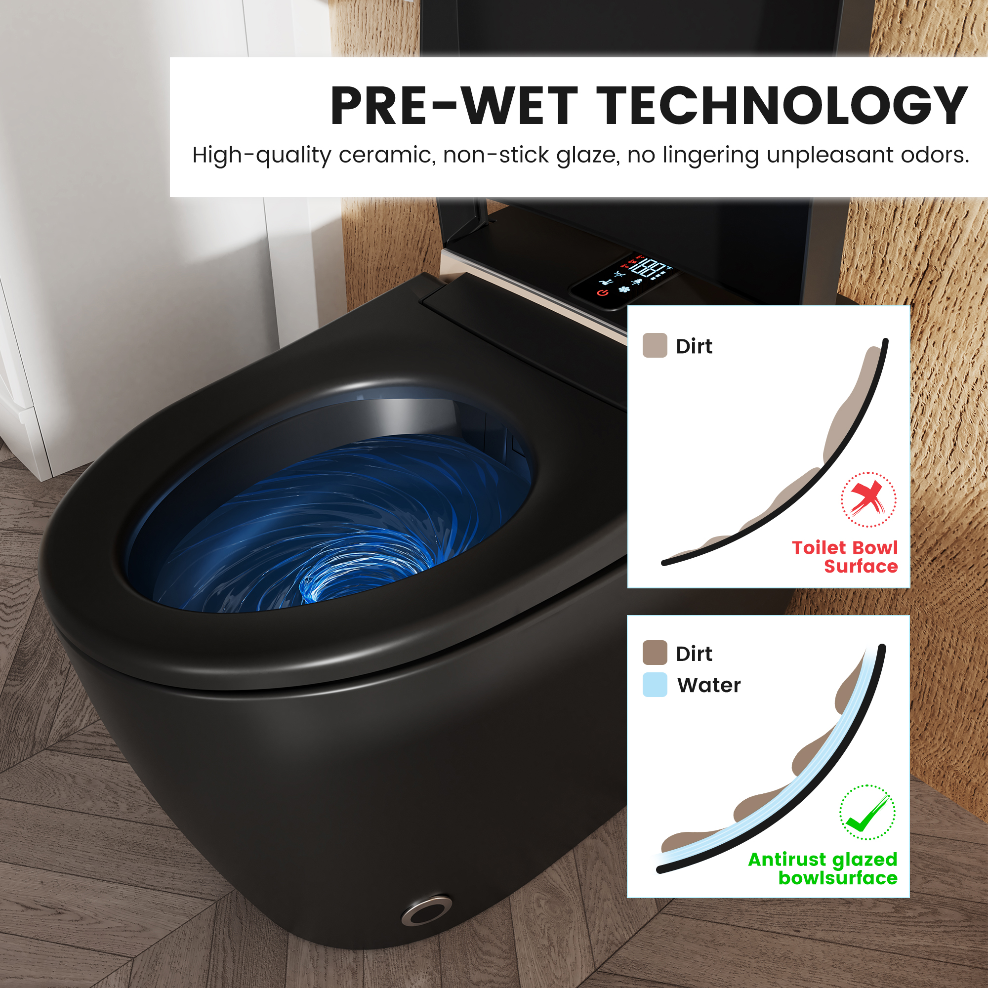 Luxe Smart Bidet Toilet with Built-in Deodorizer and LED Display, White, Black & Grey