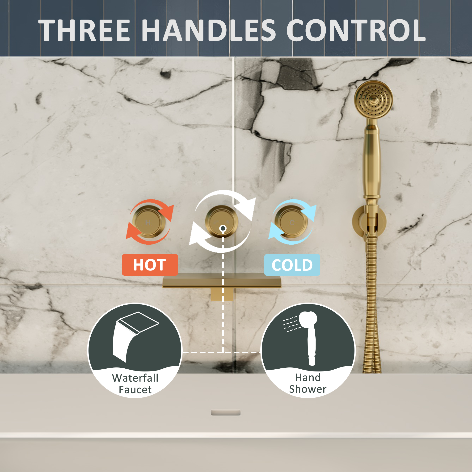 Wall-Mounted Waterfall Bathtub Faucet with Handheld Shower