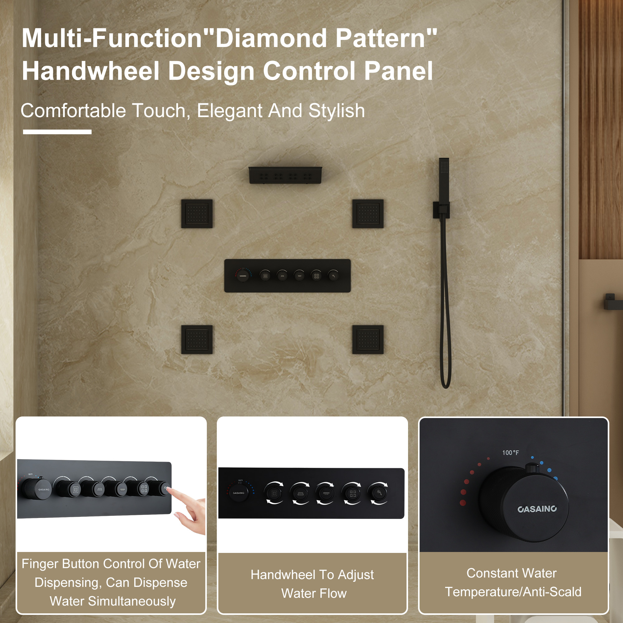 23.6" x 15.7" Ceiling-Mounted 5-Function Thermostatic Shower System with Neck/Back Massage Spout