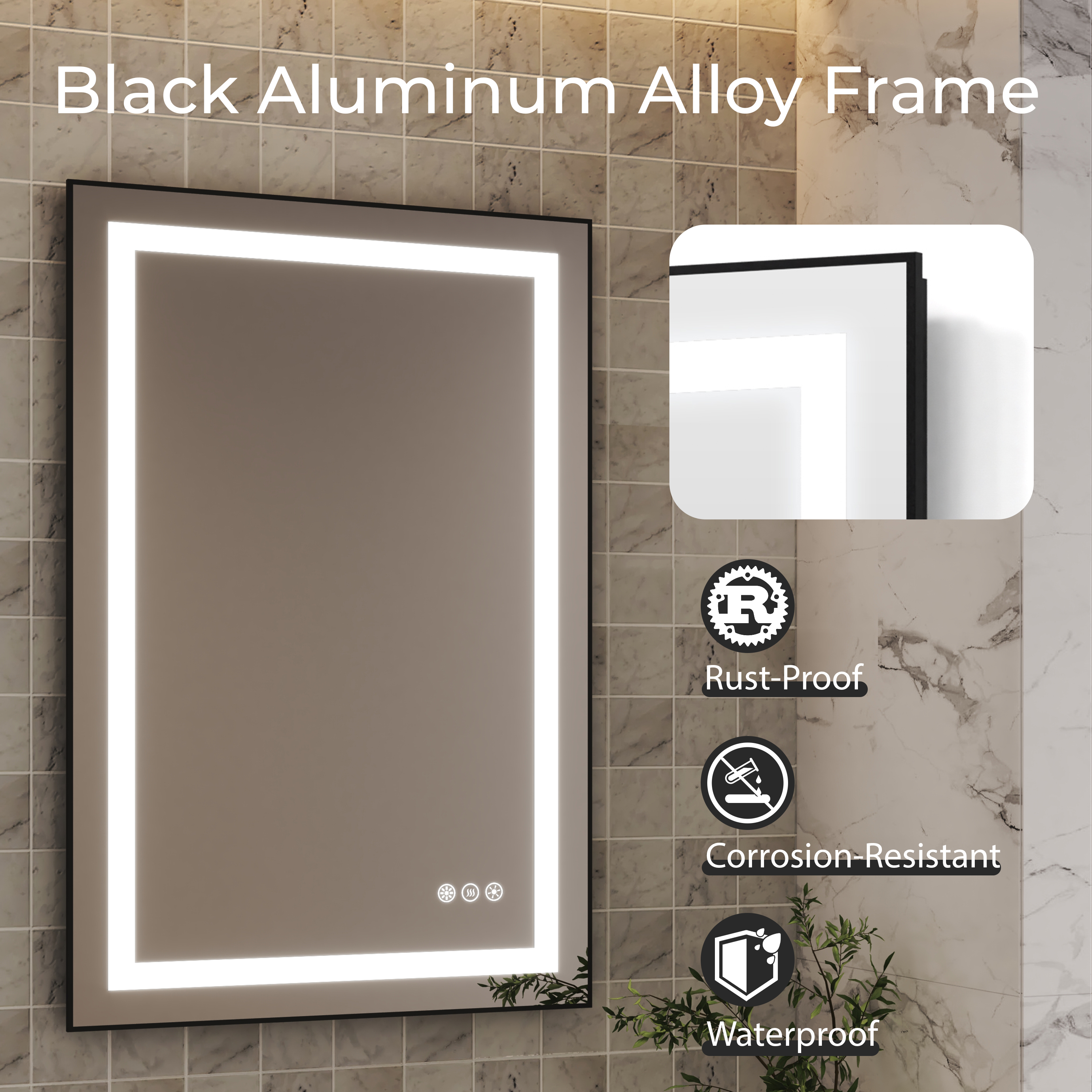 LED Bathroom Mirror with Black Aluminum Frame, Backlit & Front Lighting