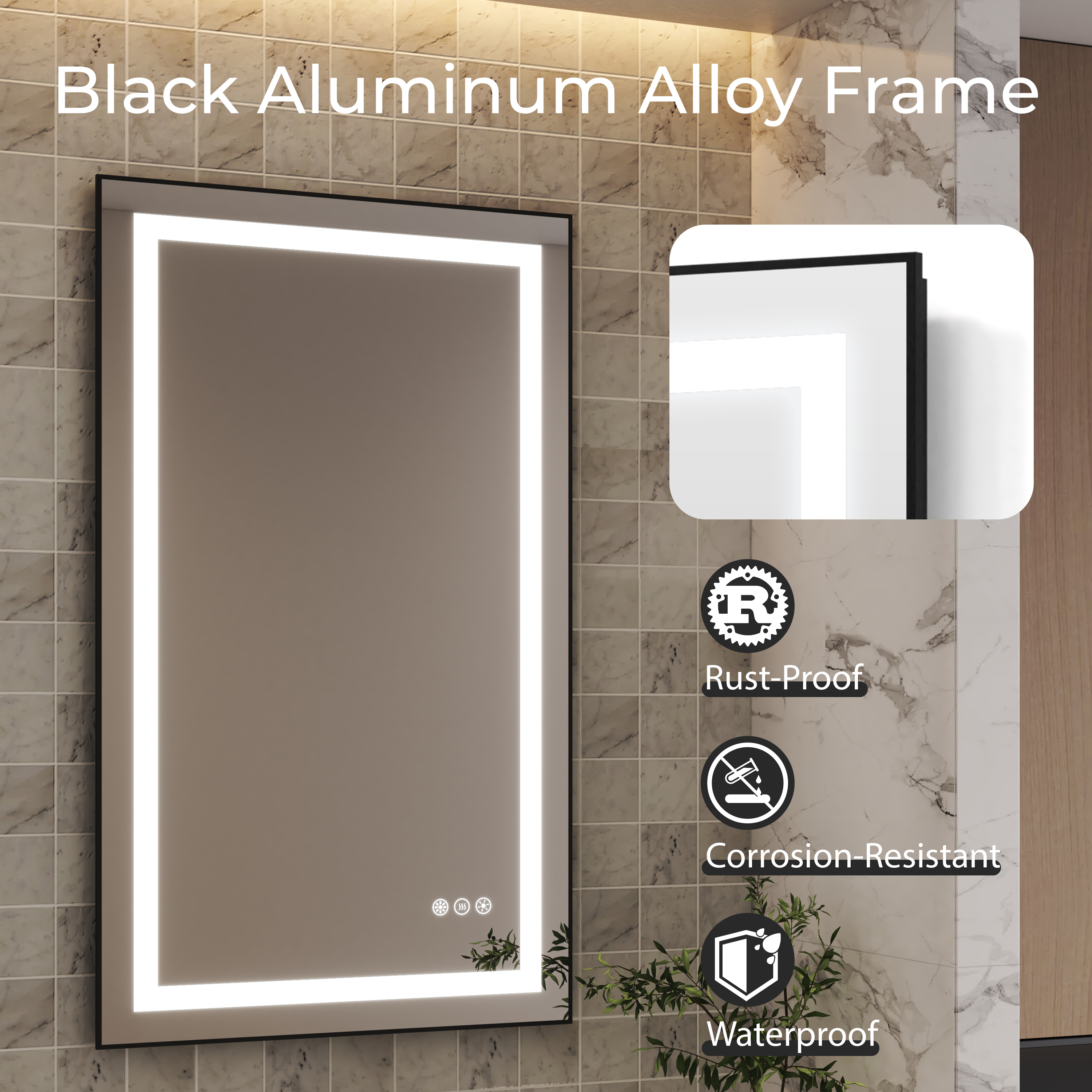 LED Bathroom Mirror with Black Aluminum Frame, Backlit & Front Lighting