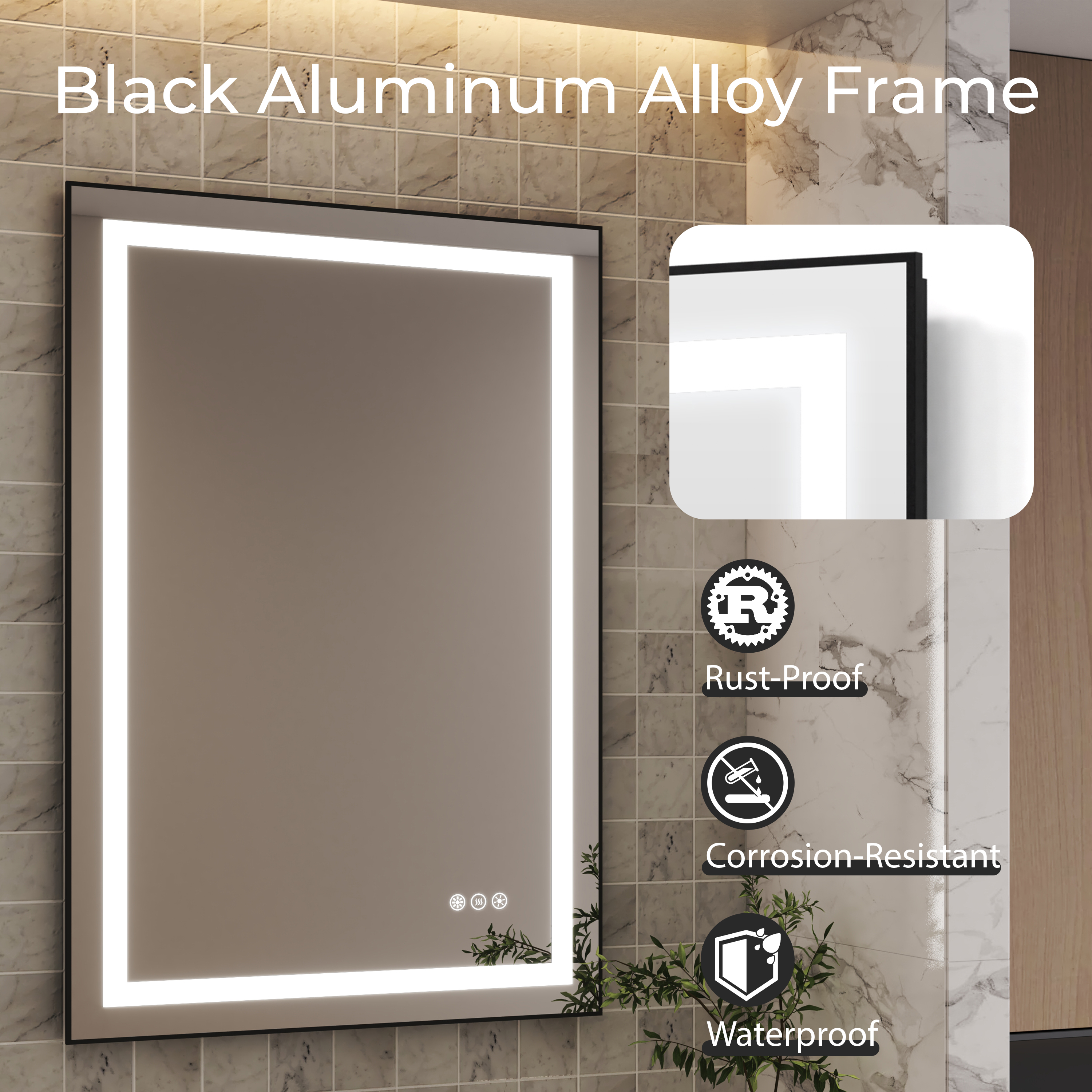 LED Bathroom Mirror with Black Aluminum Frame, Backlit & Front Lighting