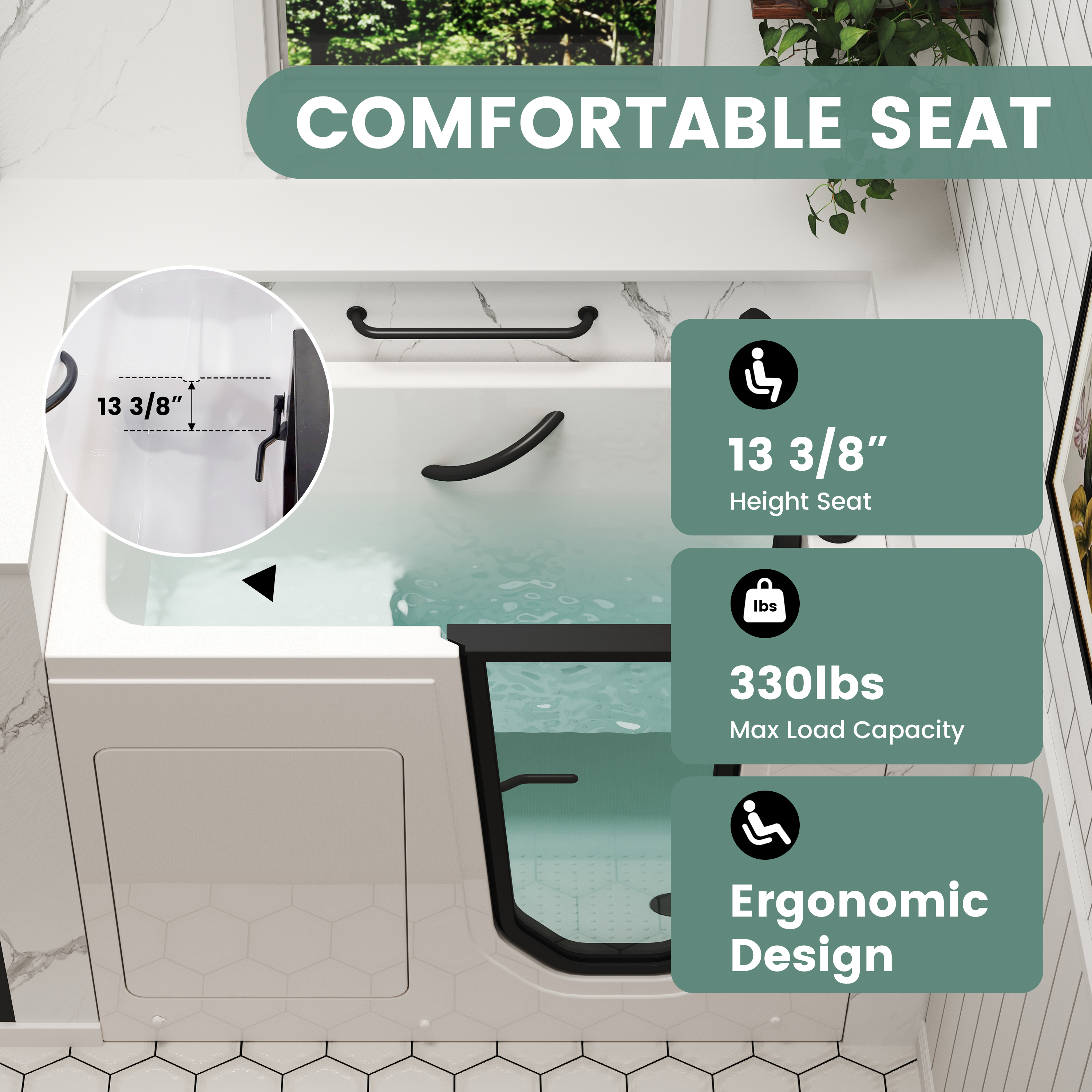 49" Glossy White Acrylic Walk-In Soaking Bathtub with High-Flow Faucet