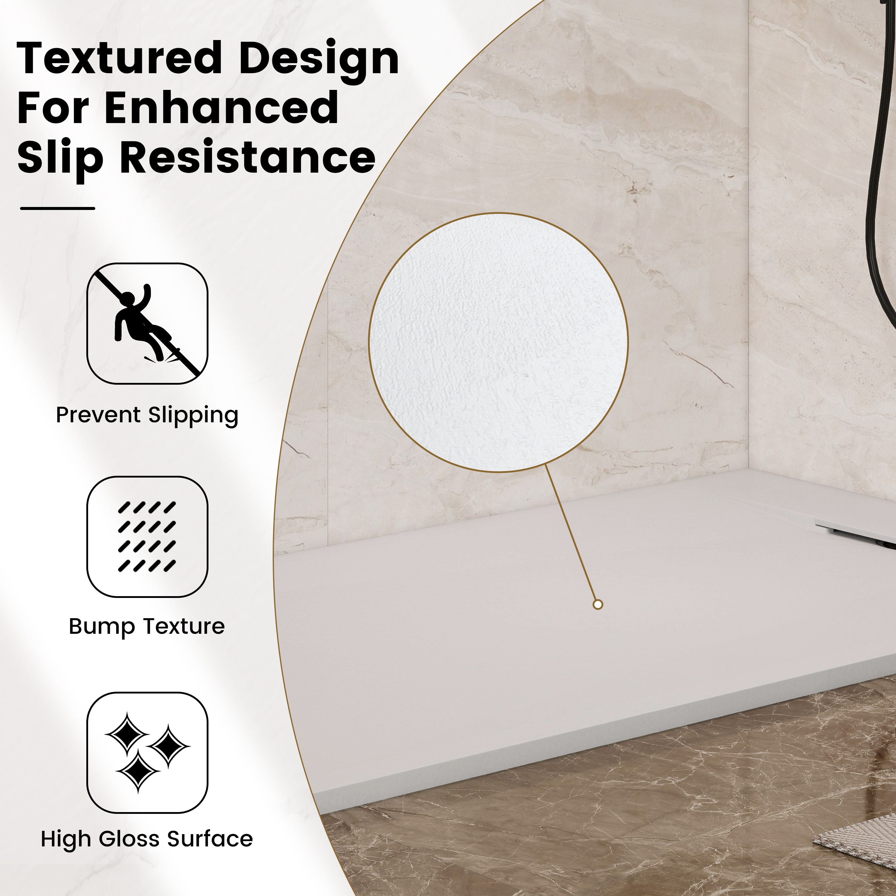 European-Style SMC Shower Base with Anti-Slip Design in Black or White