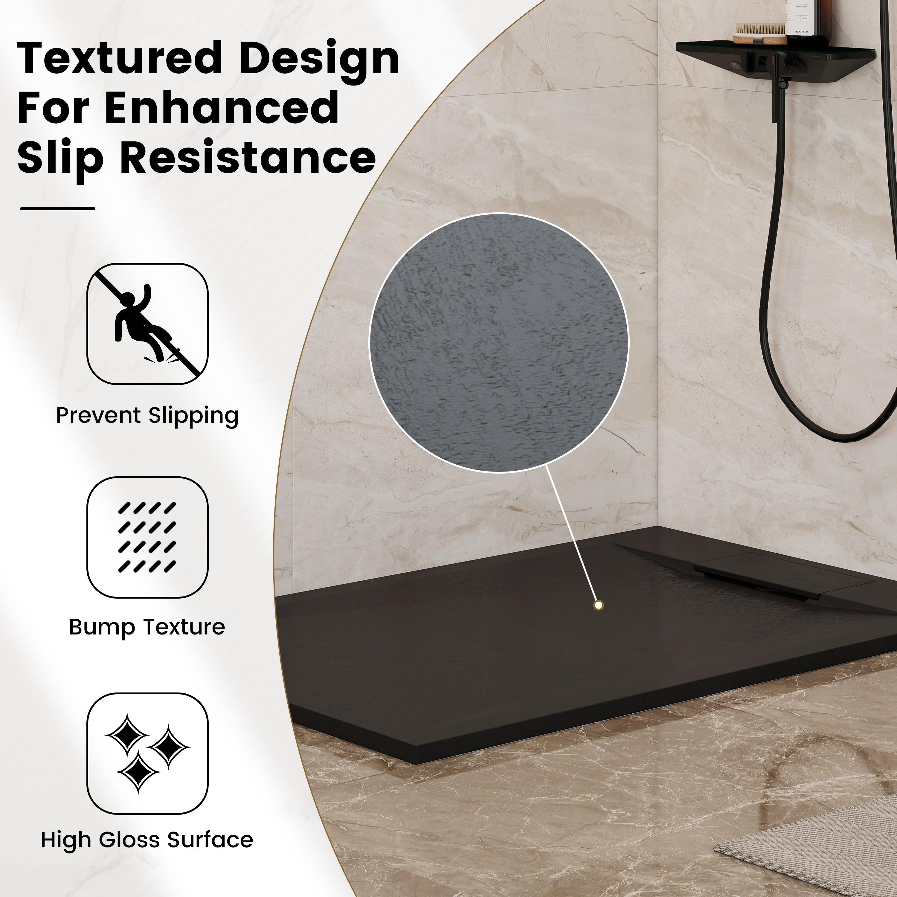 European-Style SMC Shower Base with Anti-Slip Design in Black or White