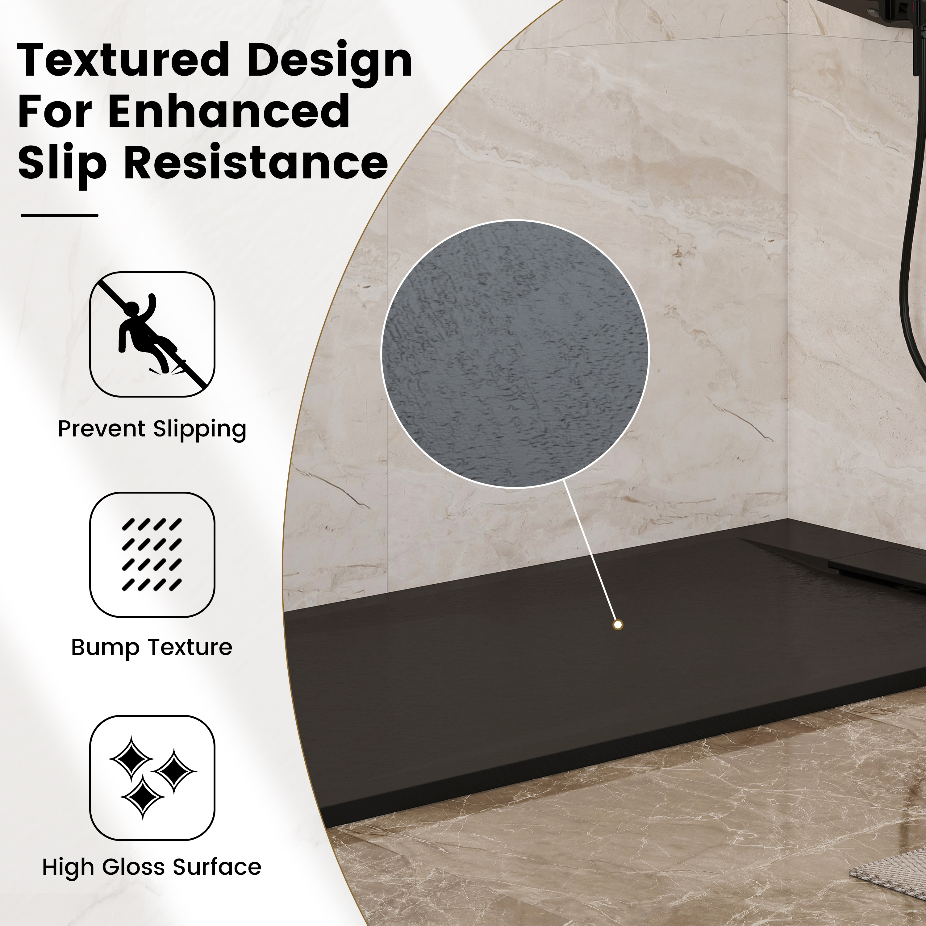 European-Style SMC Shower Base with Anti-Slip Design in Black or White