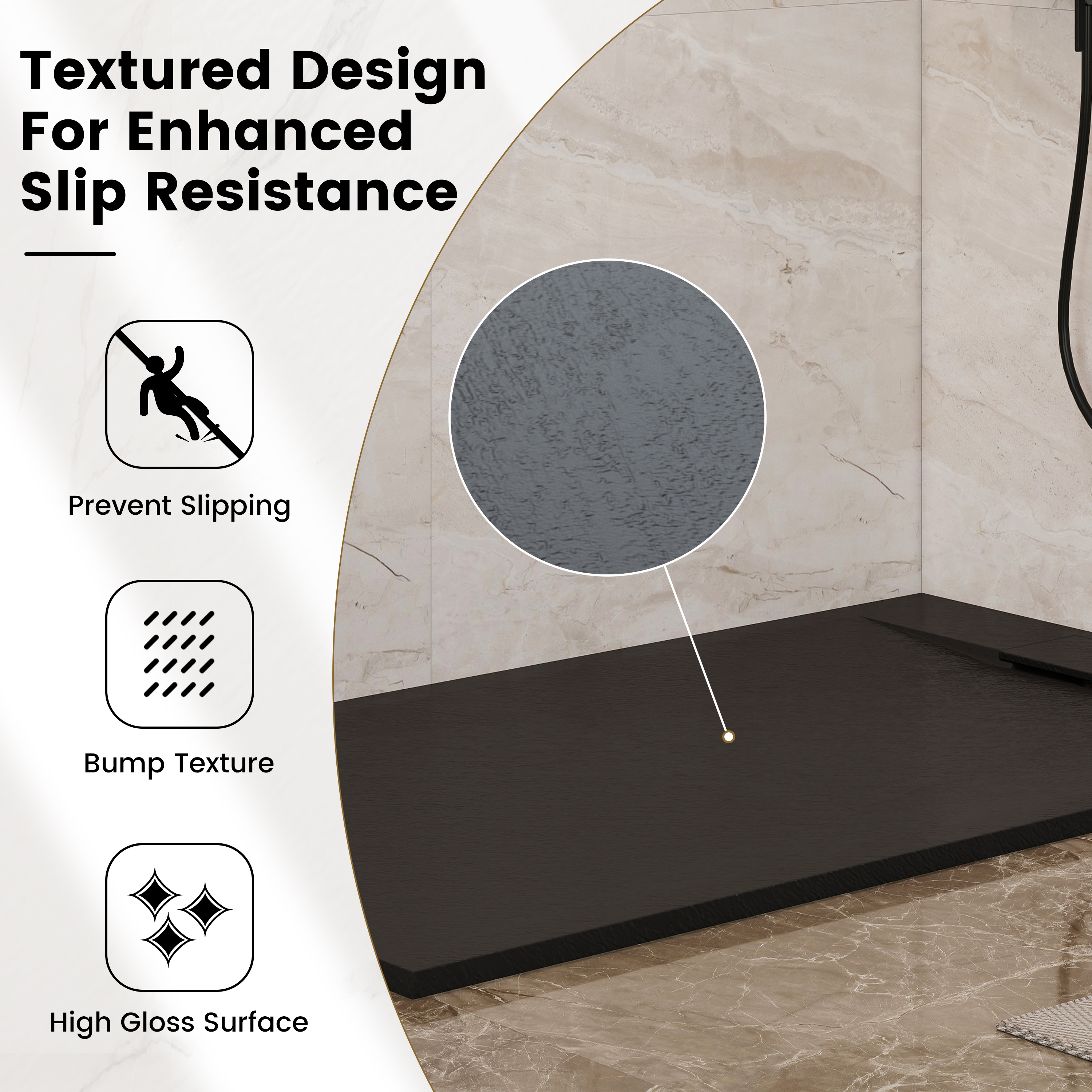 European-Style SMC Shower Base with Anti-Slip Design in Black or White
