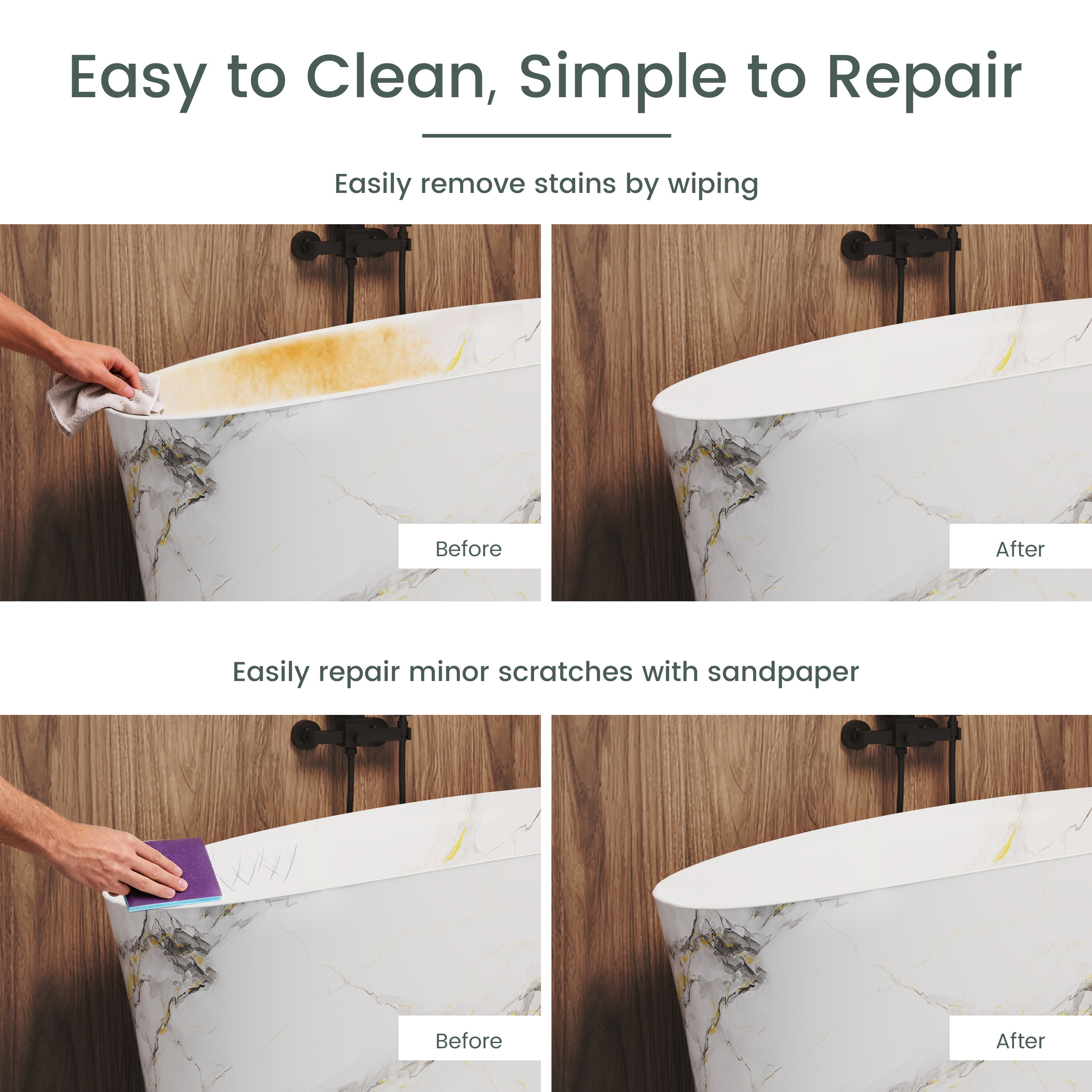 51" Freestanding Solid Surface Soaking Tub with Built-In Seat in Wood Grain & Marble Finish