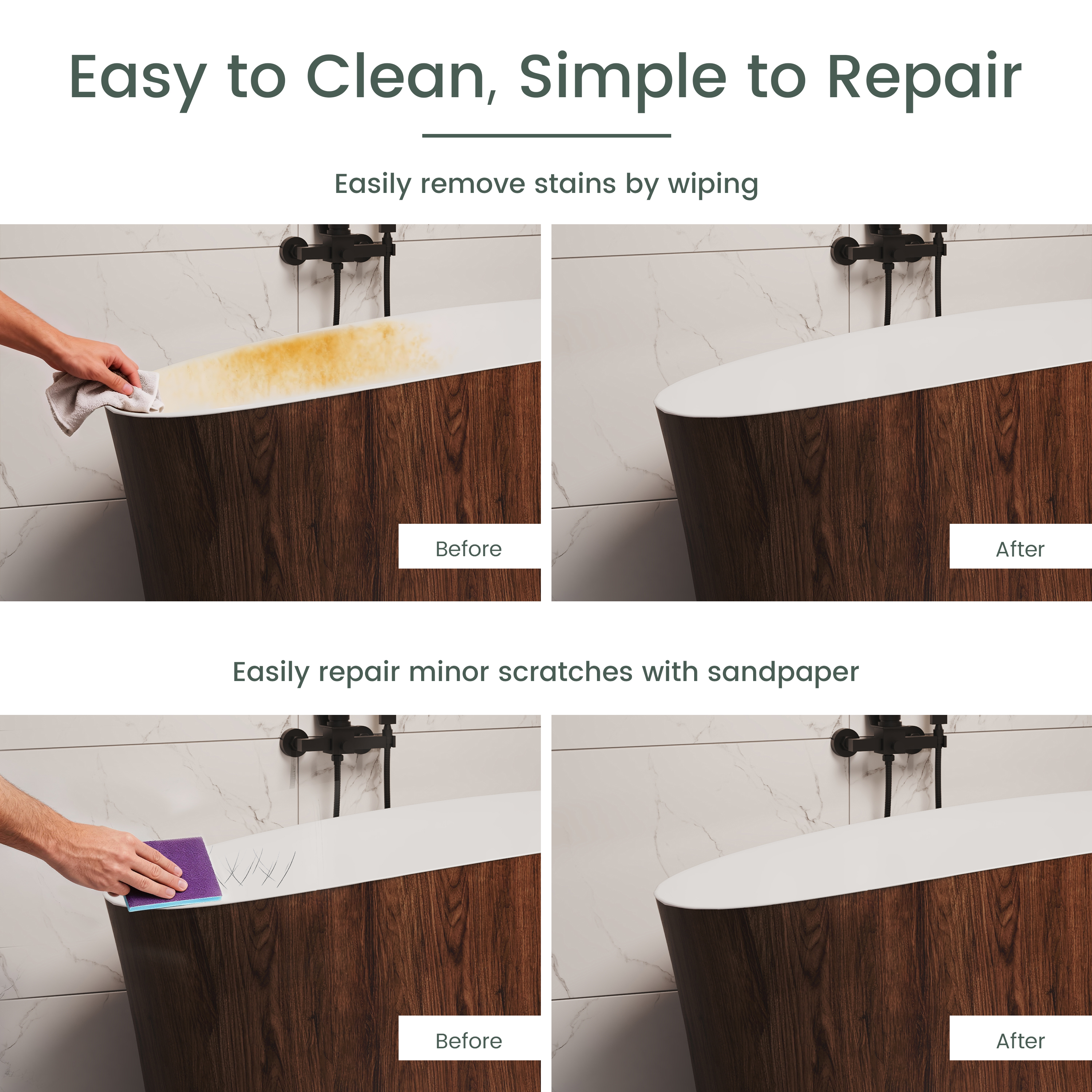 51" Freestanding Solid Surface Soaking Tub with Built-In Seat in Wood Grain & Marble Finish