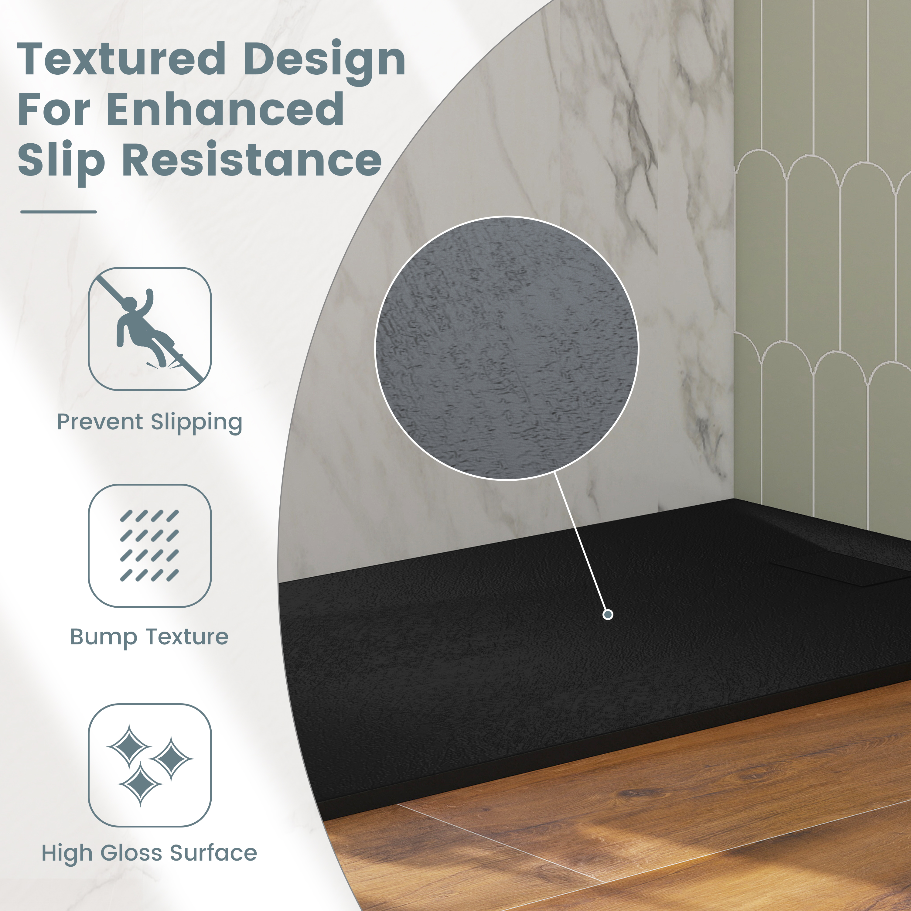 European-Style SMC Shower Base with Sleek Marble Texture in Black & White