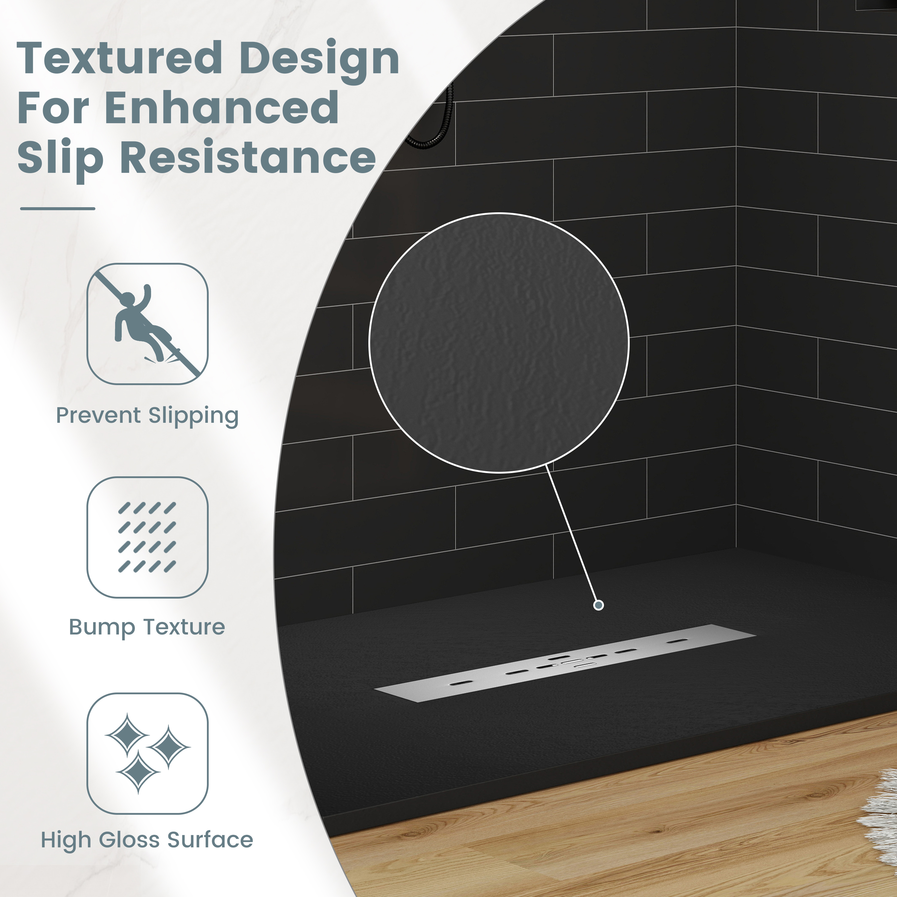 Durable SMC Composite Shower Base Pan with Center Drain in Black & White