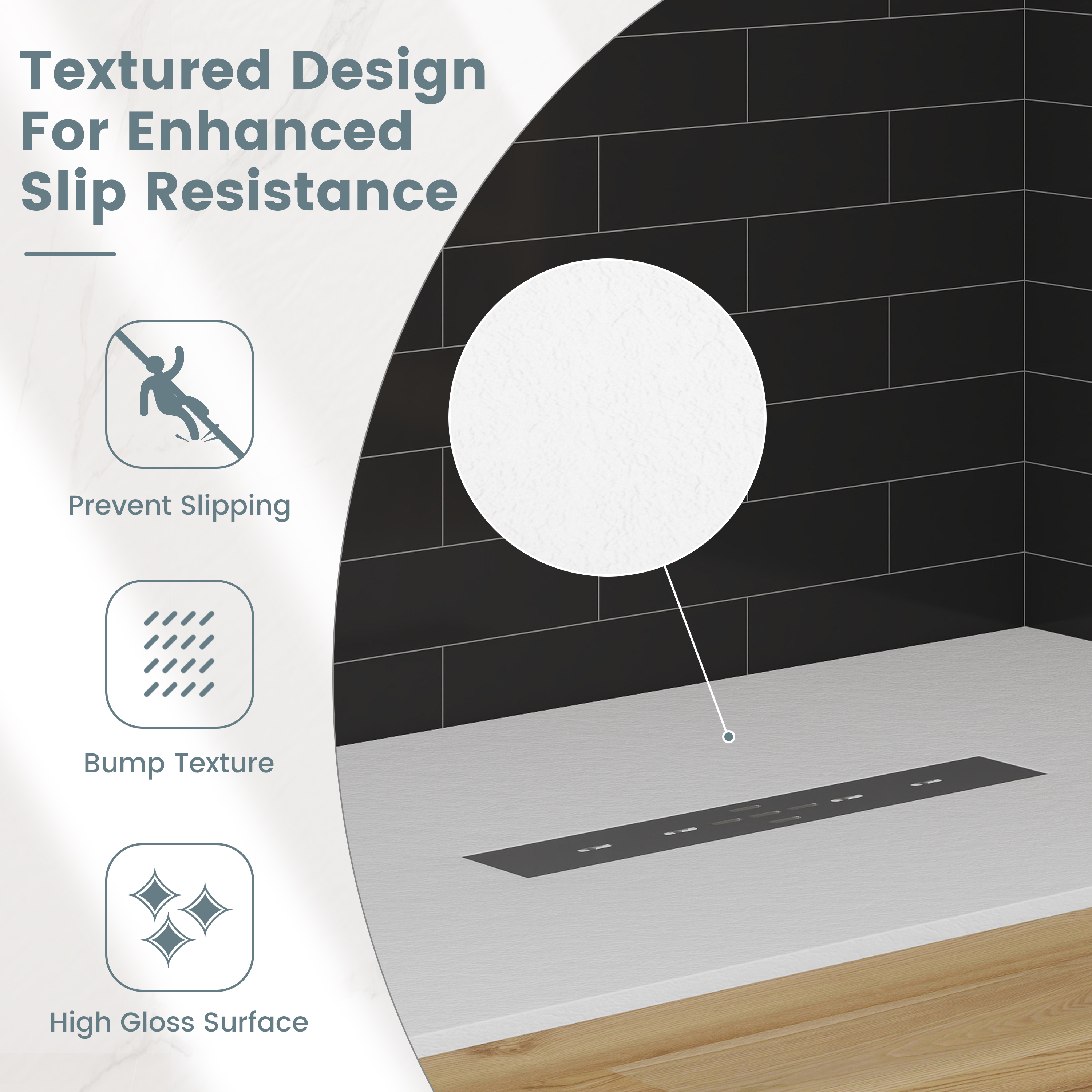 Durable SMC Composite Shower Base Pan with Center Drain in Black & White