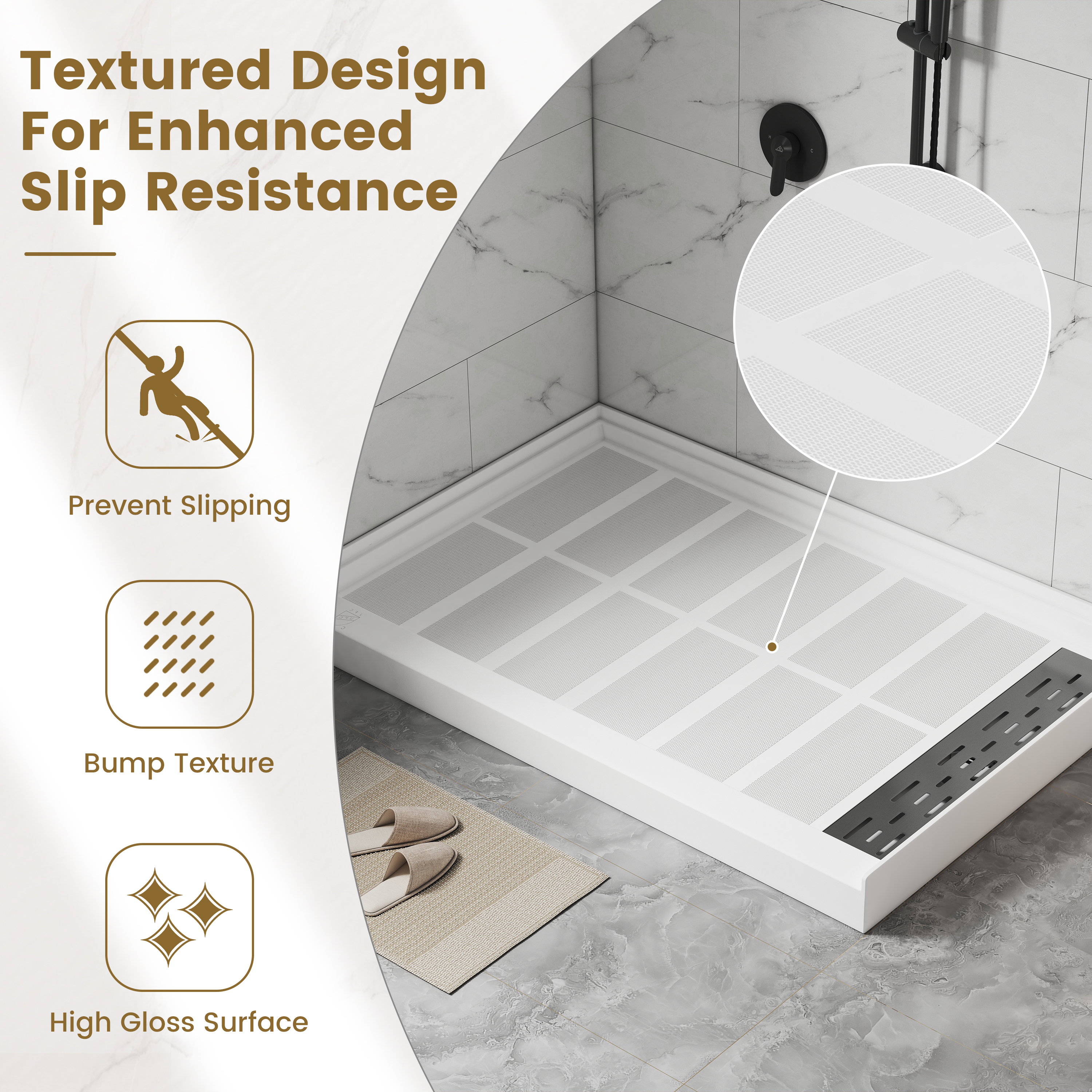 48"x32" SMC Shower Base with Anti-Slip Textured Floor & Easy Install