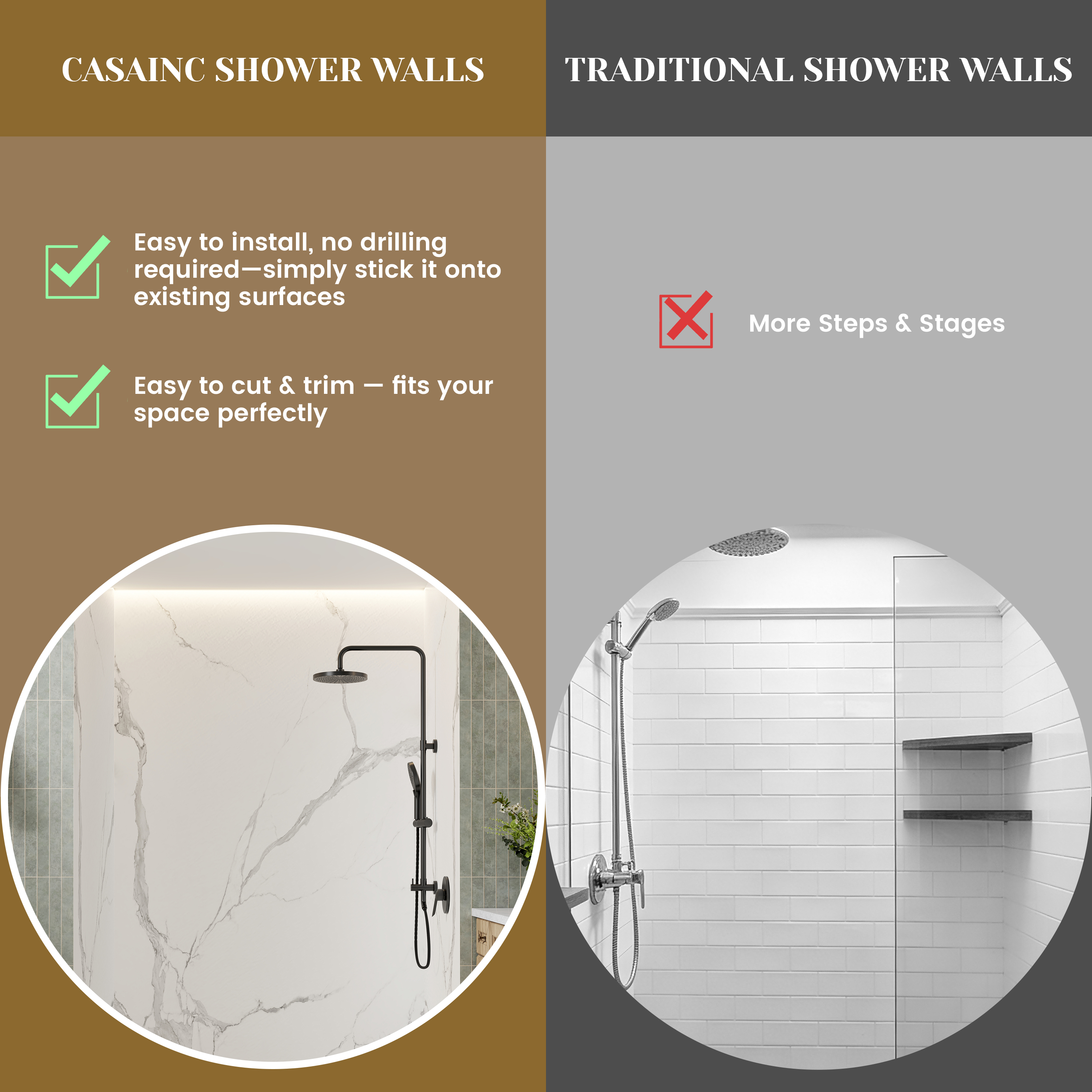 3-Piece SMC Marble Shower Wall Panels for Modern Showers