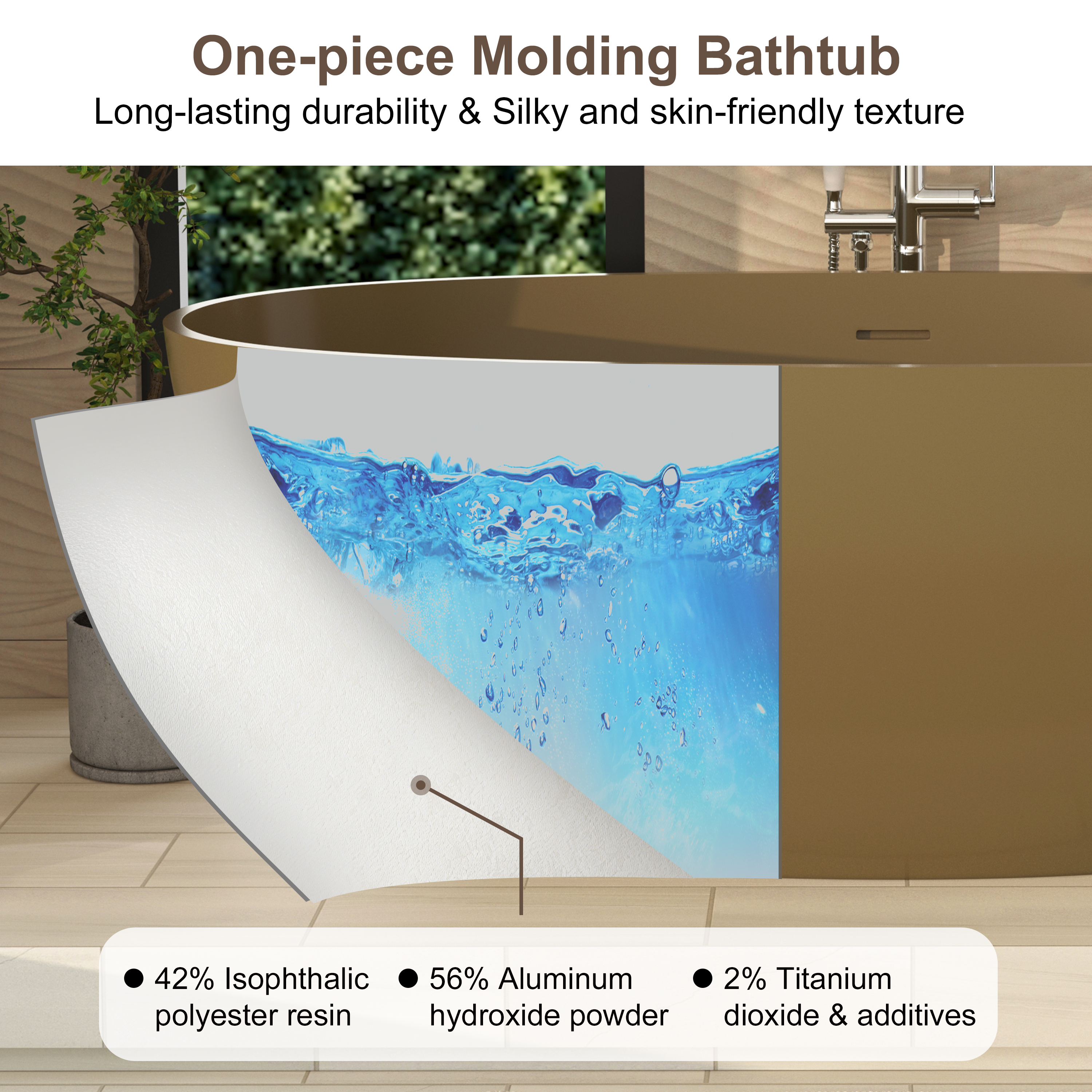 61" Freestanding Solid Surface Stone Soaking Bathtub in Modern Camel