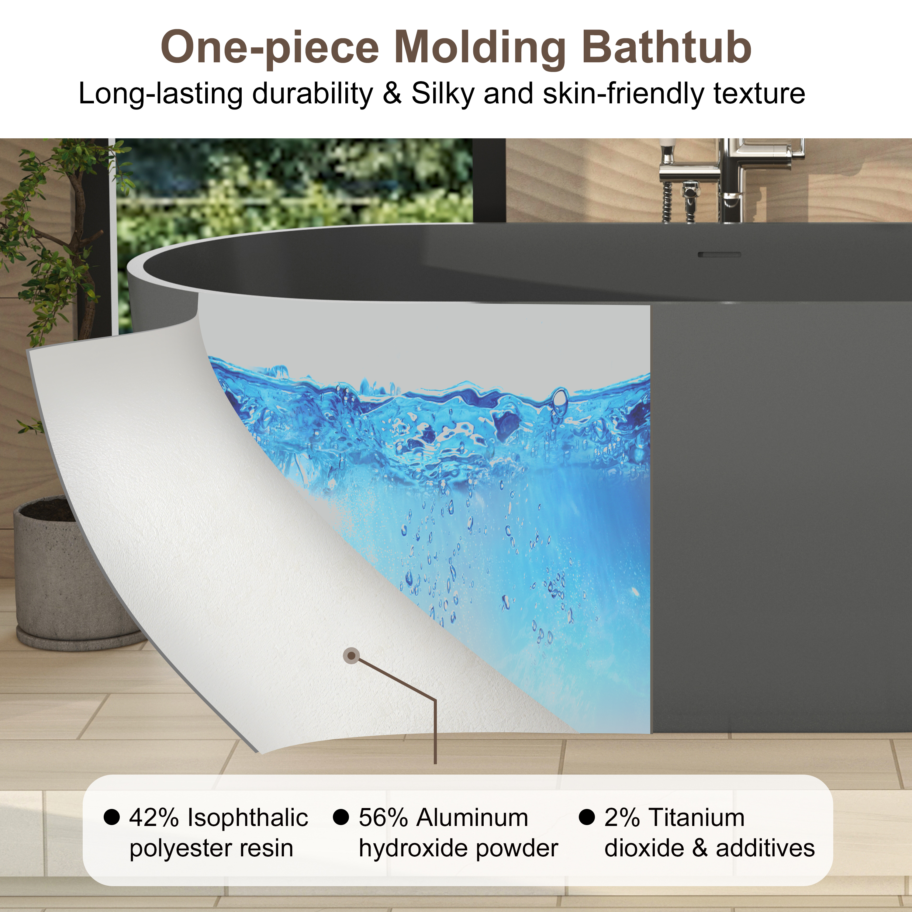 59" Dark Grey Solid Surface Freestanding Bathtub with Modern Industrial Elegance