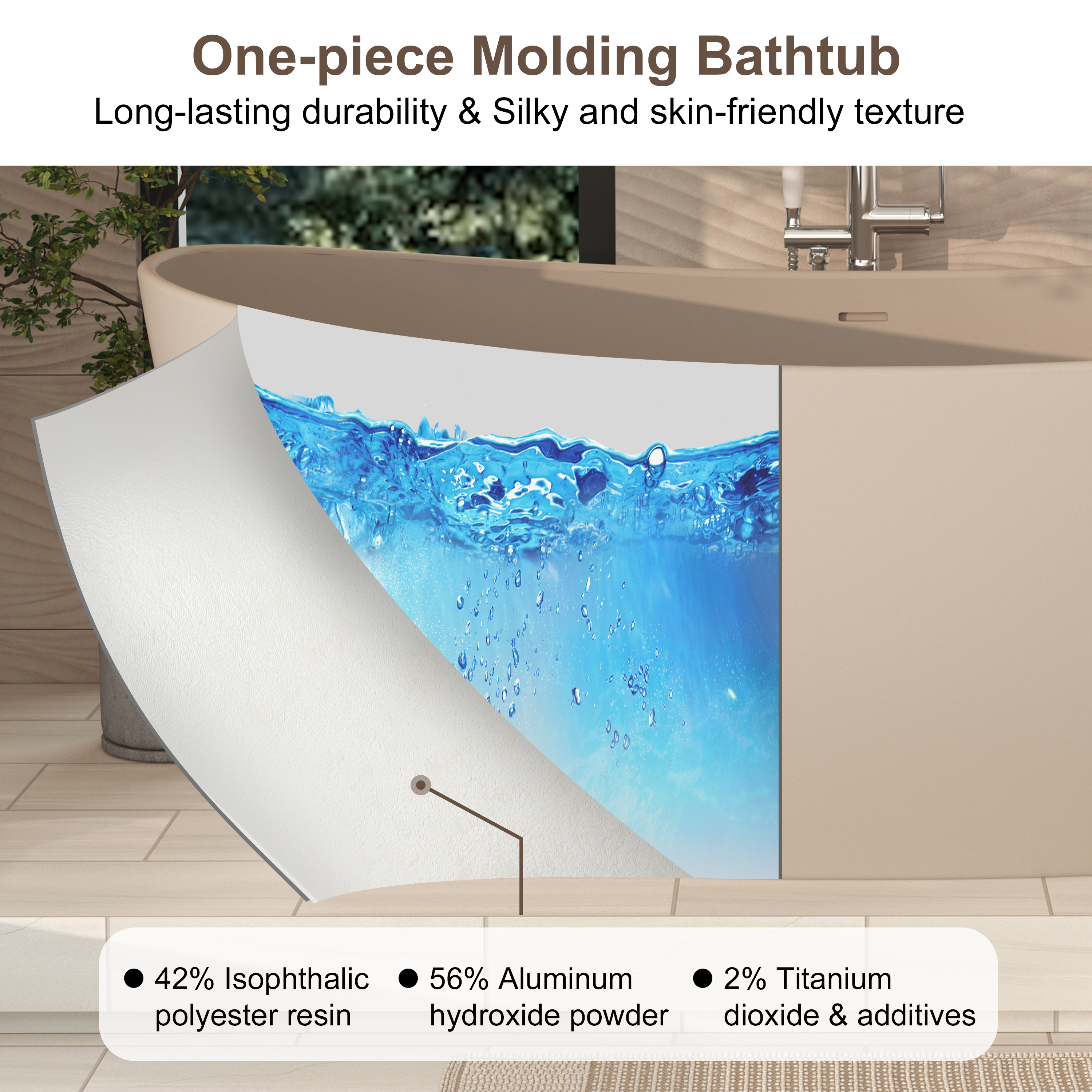 65" Double-Ended Freestanding Solid Surface Bathtub with Modern Cream-Style Soaking