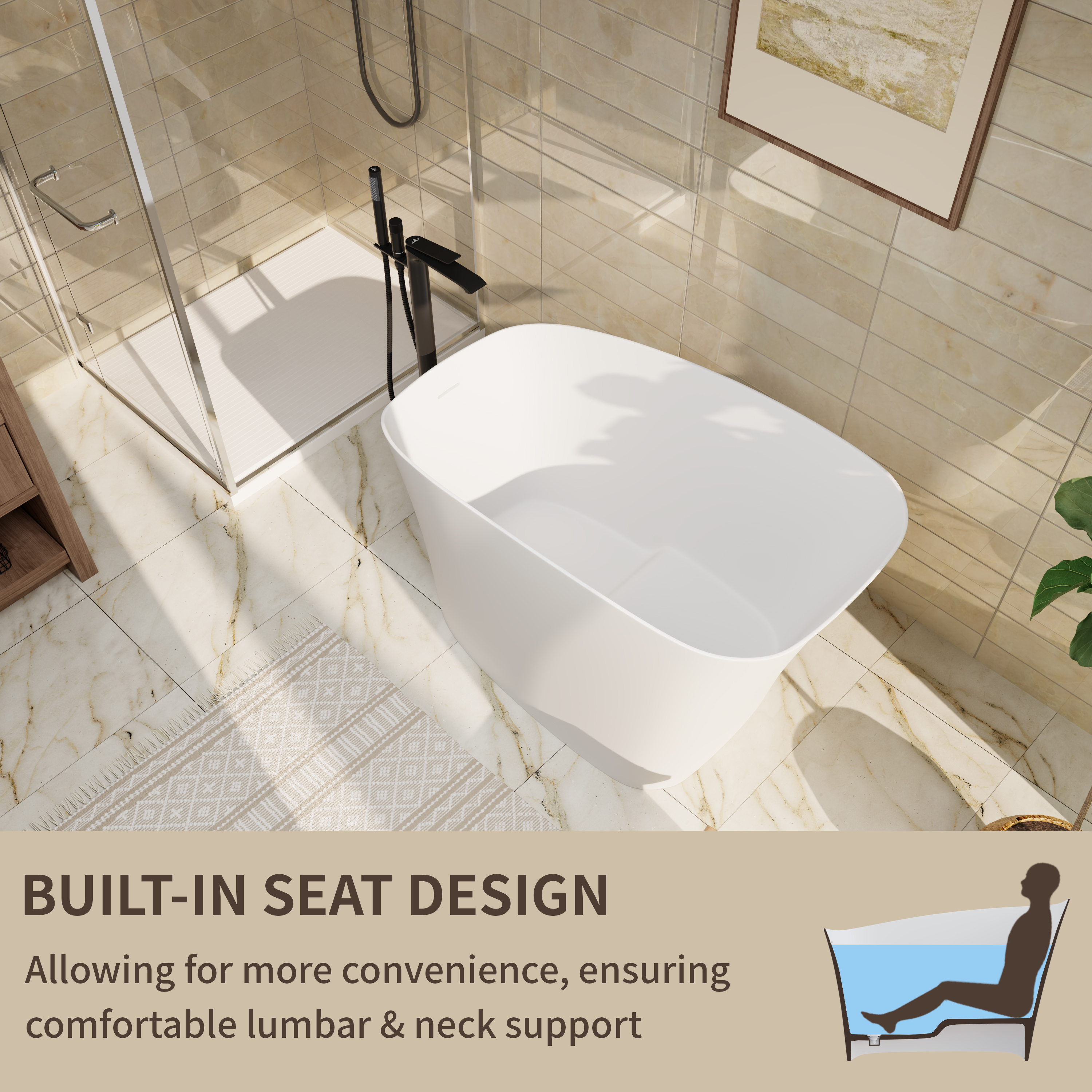 51" Matte White Solid Surface Freestanding Bathtub with Integrated Seat