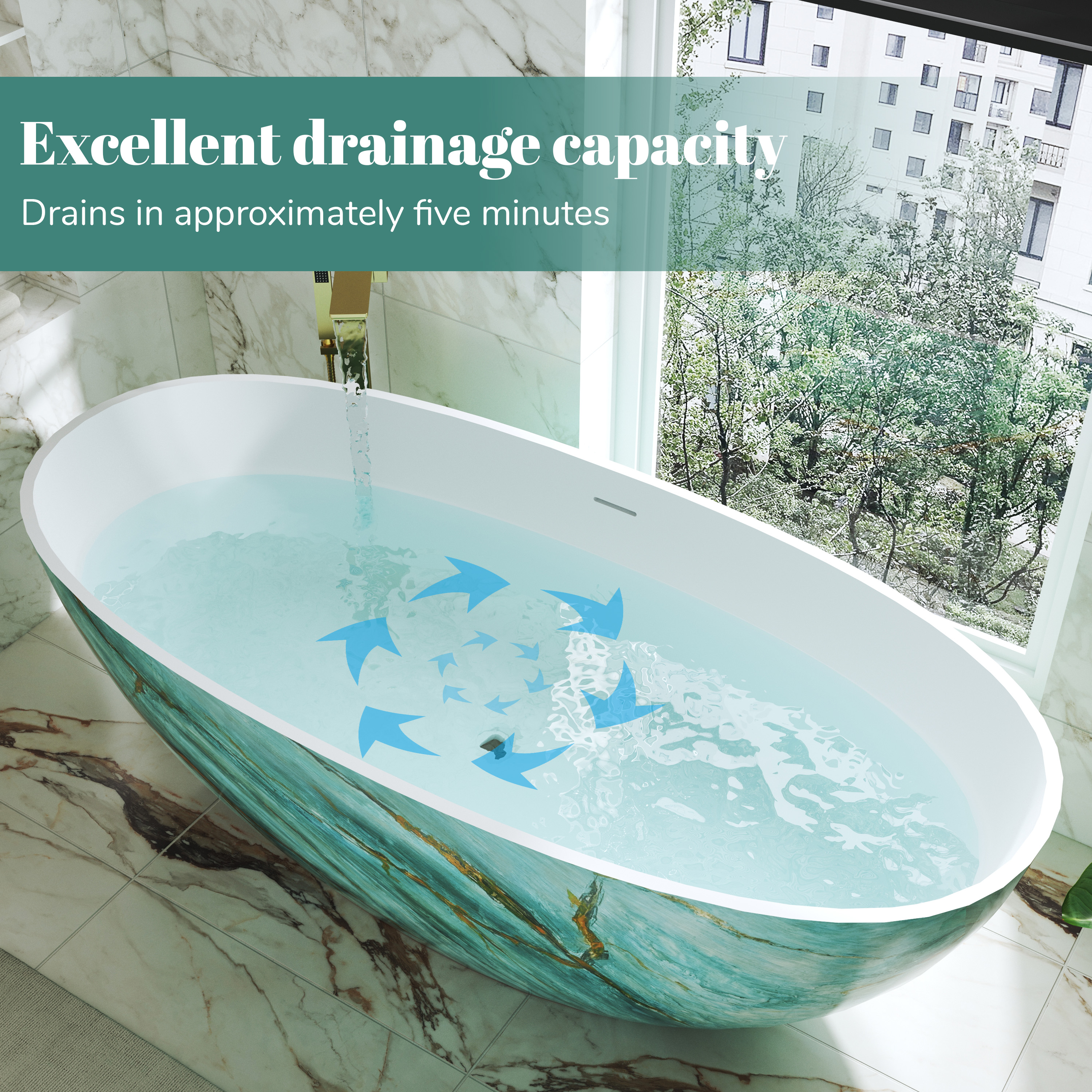 65" Freestanding Oval Solid Surface Soaking Bathtub in Emerald-Green with Center Drain & Overflow