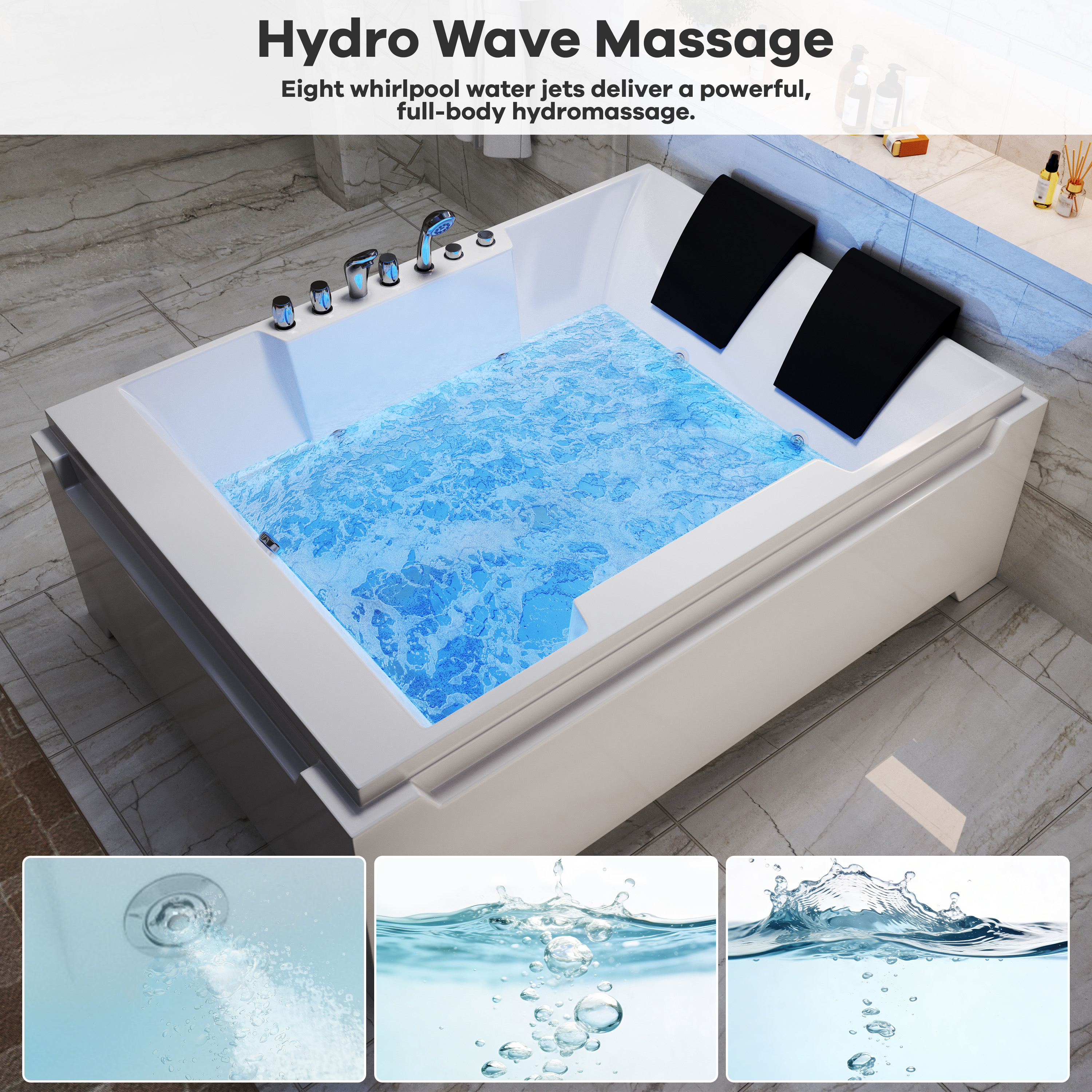 73" Two-Person Whirlpool Tub with Hydro Massage Jets & Chromatherapy Lighting