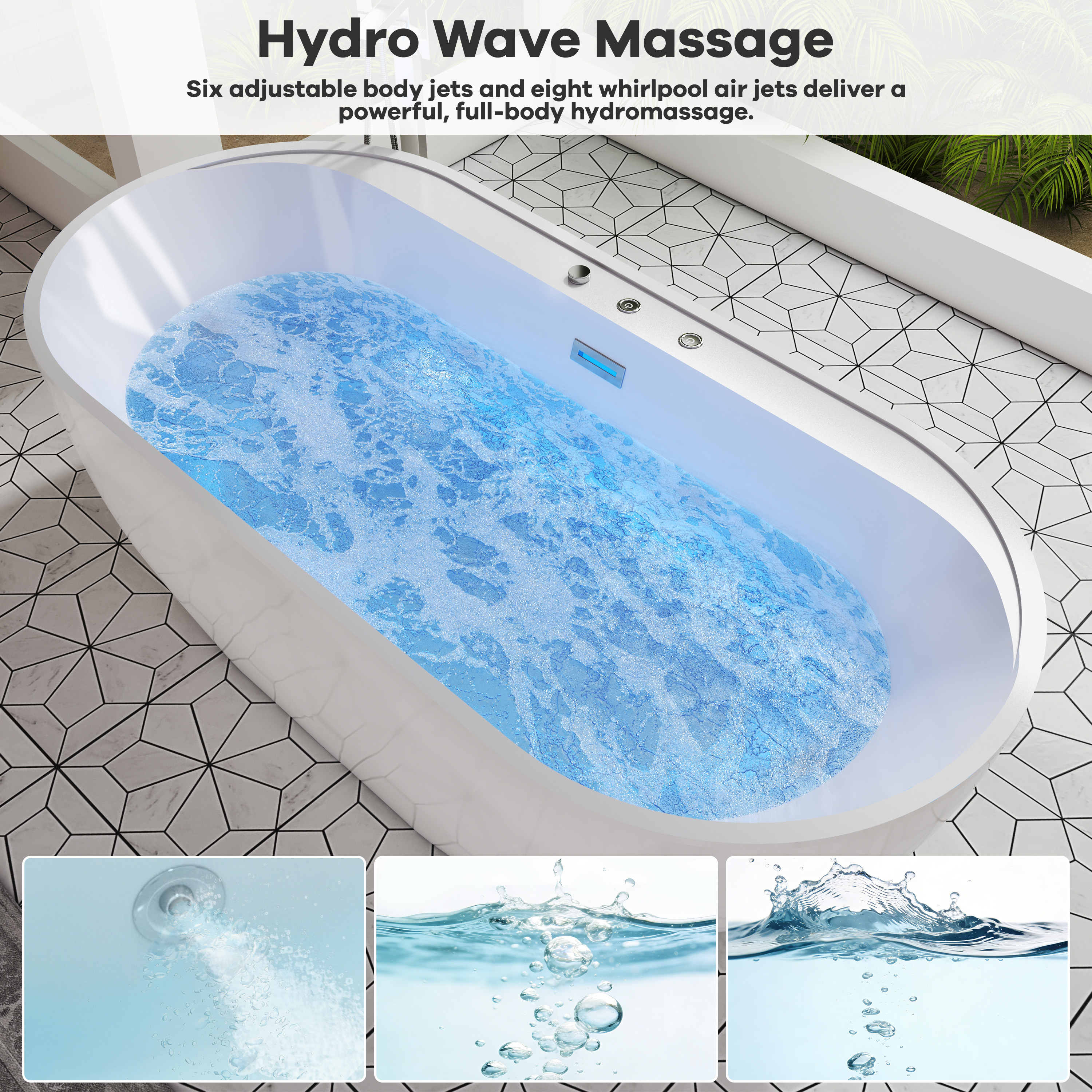 67" Whirlpool and Air Massage Bathtub with Adjustable Air Blower, 6 Hydro Jets & 8 Bubble Jets