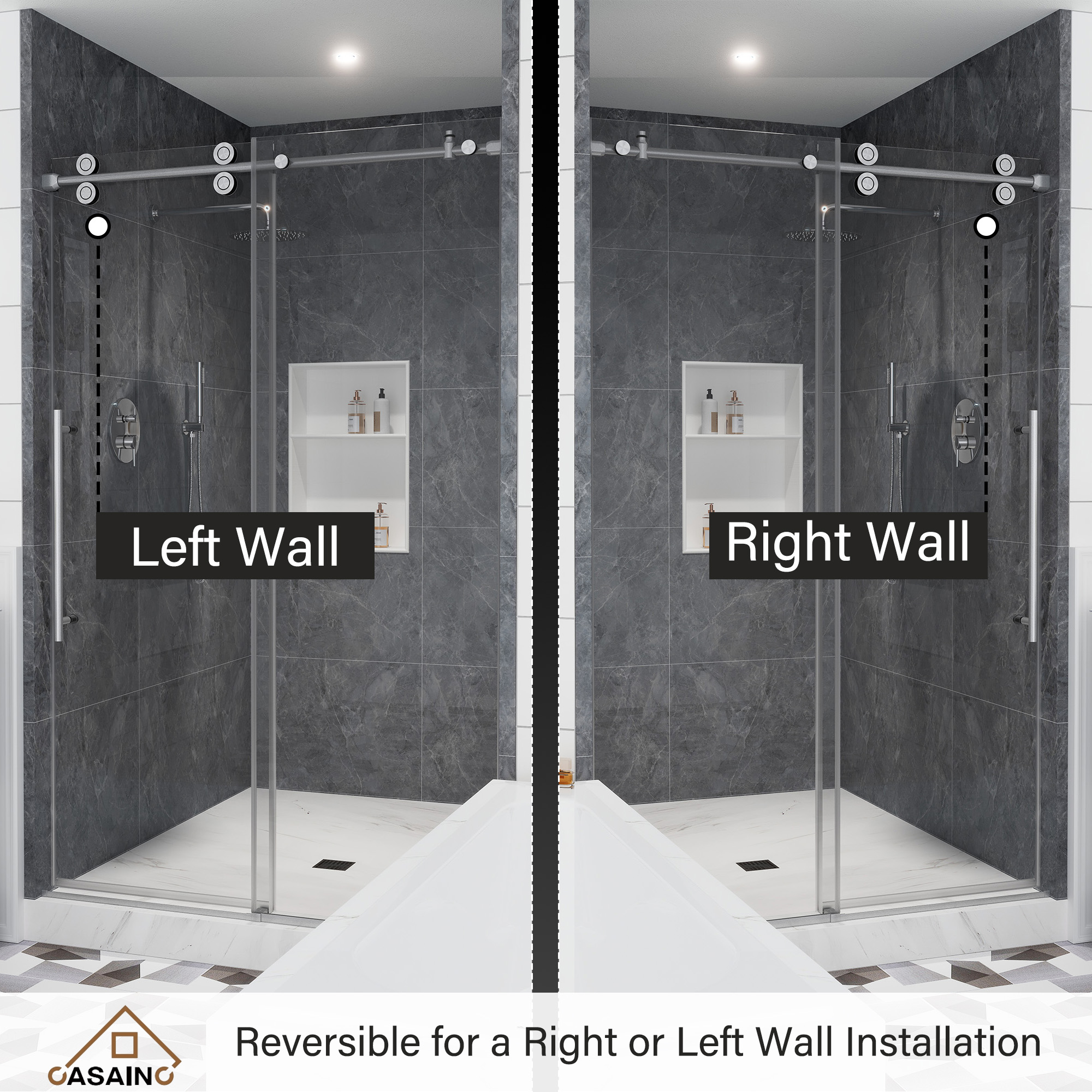 48"x76" Frameless Single Sliding Shower Door in Matte Black/Brushed Nickel/Chrome, Reversible Installation