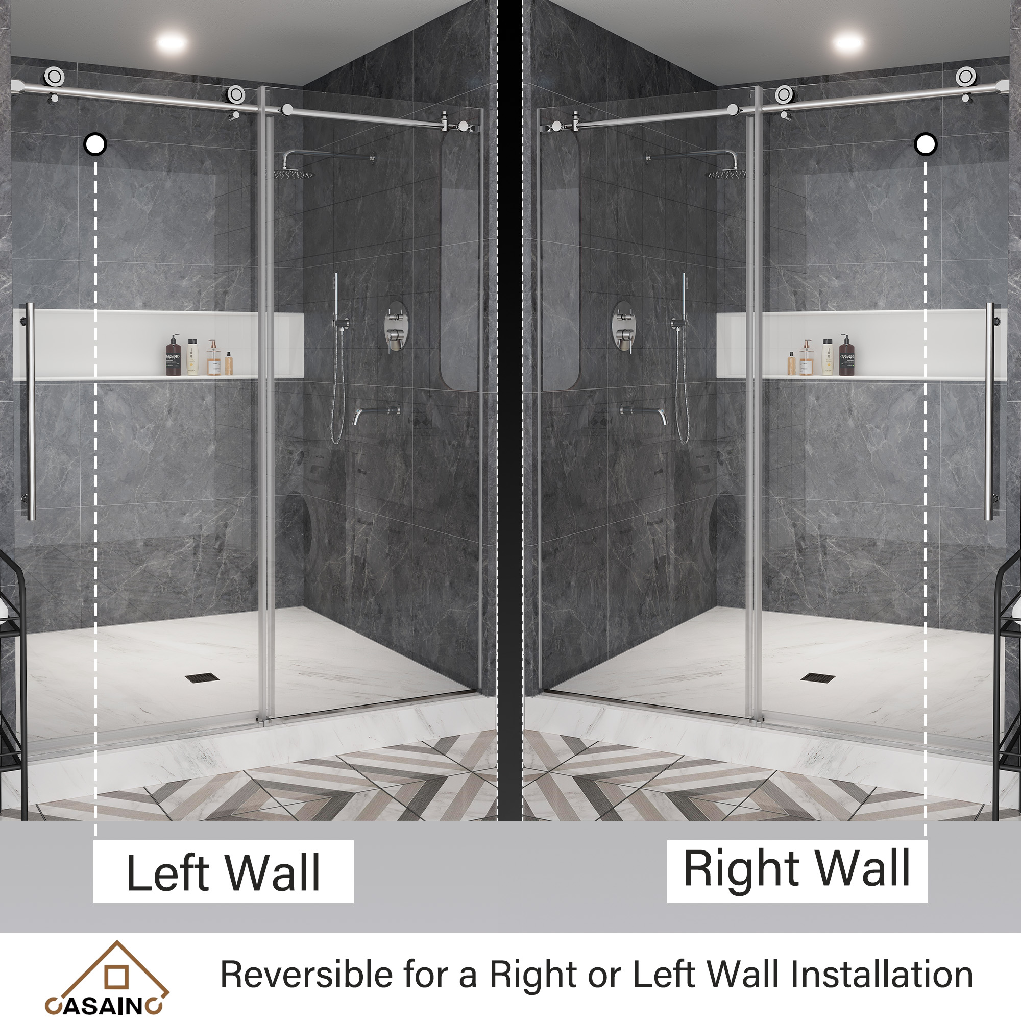 60"x76" Single Sliding Frameless Shower Door in Matte Black/Brushed Nickel/Chrome, Stainless Steel Wheels featuring an Anti-Skid Design