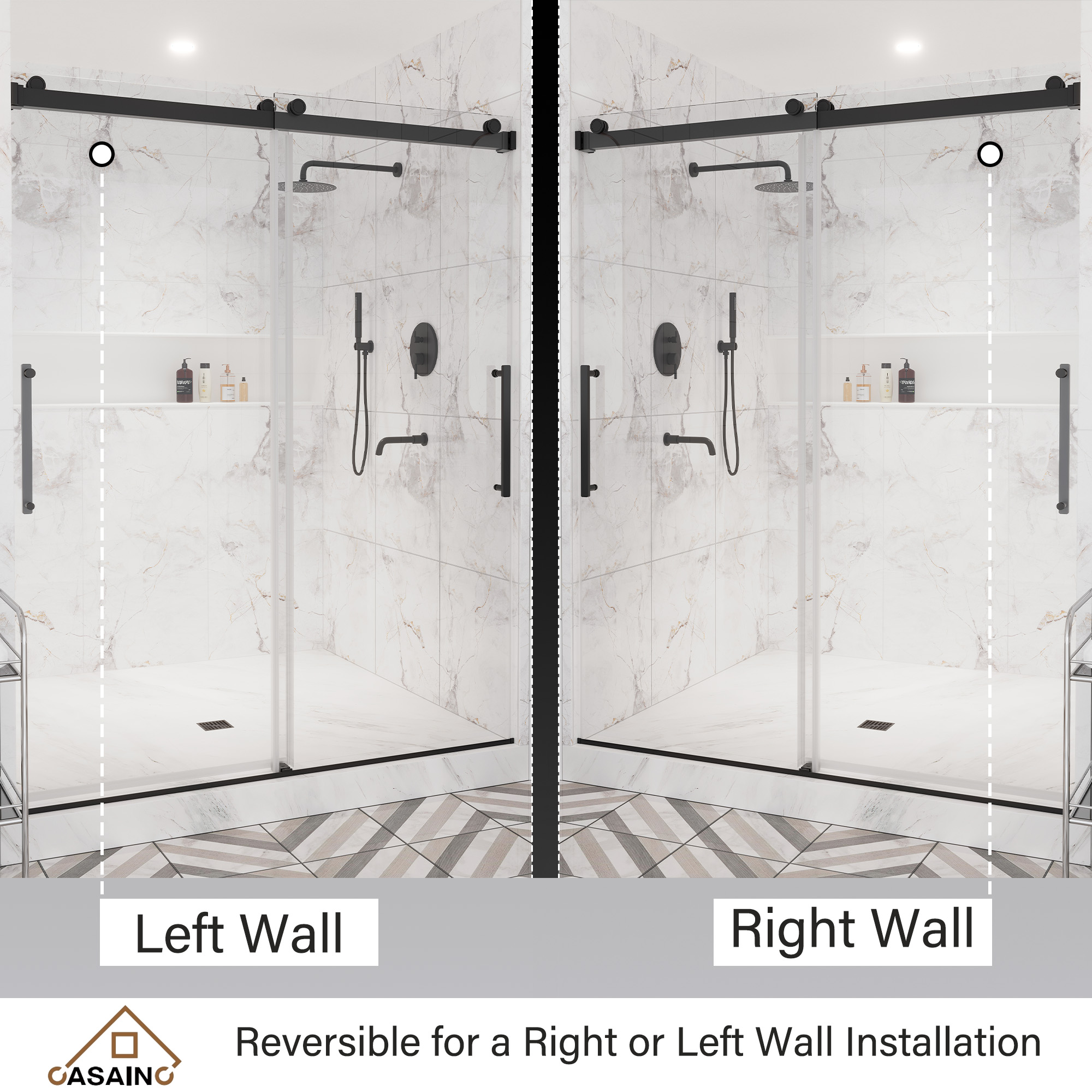 60"x76" Double Sliding Frameless Shower Door in Matte Black/Brushed Nickel/Chrome, Rounded Corners Tempered Glass with SGCC Certification, Reversible Design