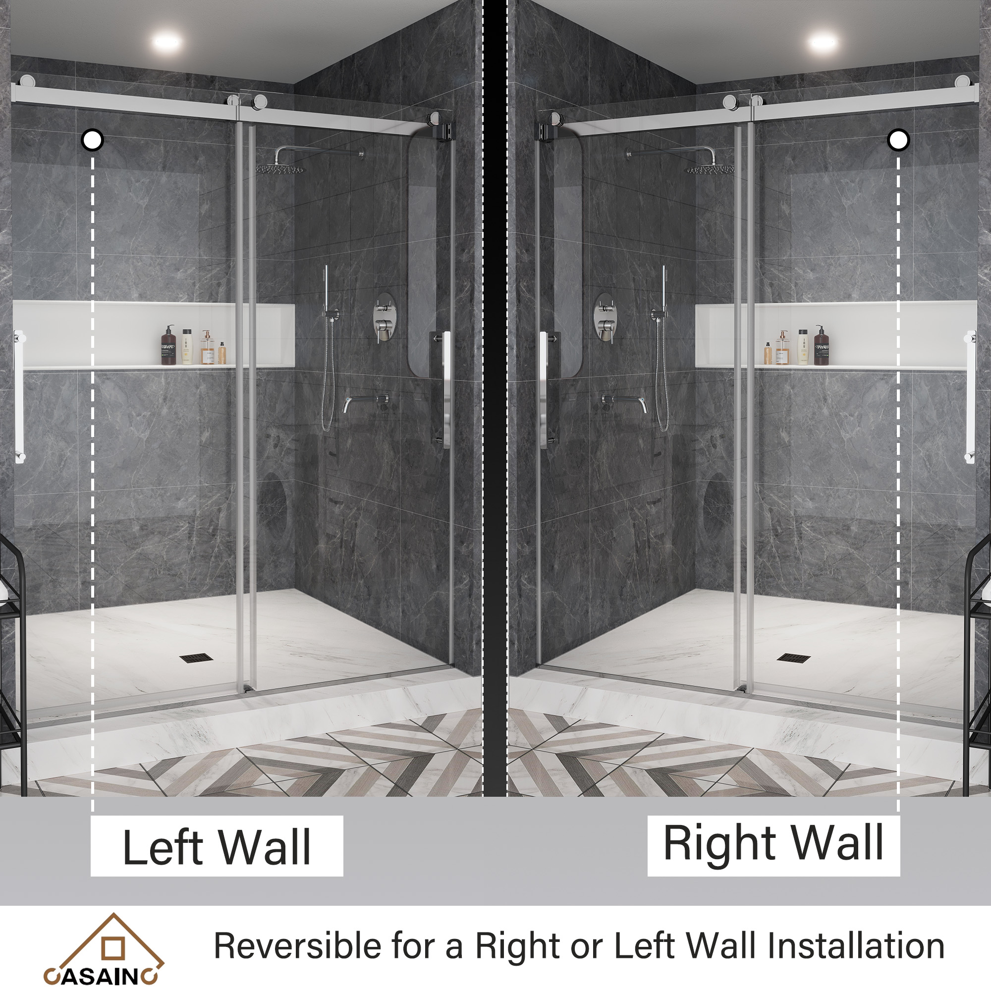 60"x76" Double Sliding Frameless Shower Door in Matte Black/Brushed Nickel/Chrome, Rounded Corners Tempered Glass with SGCC Certification, Reversible Design