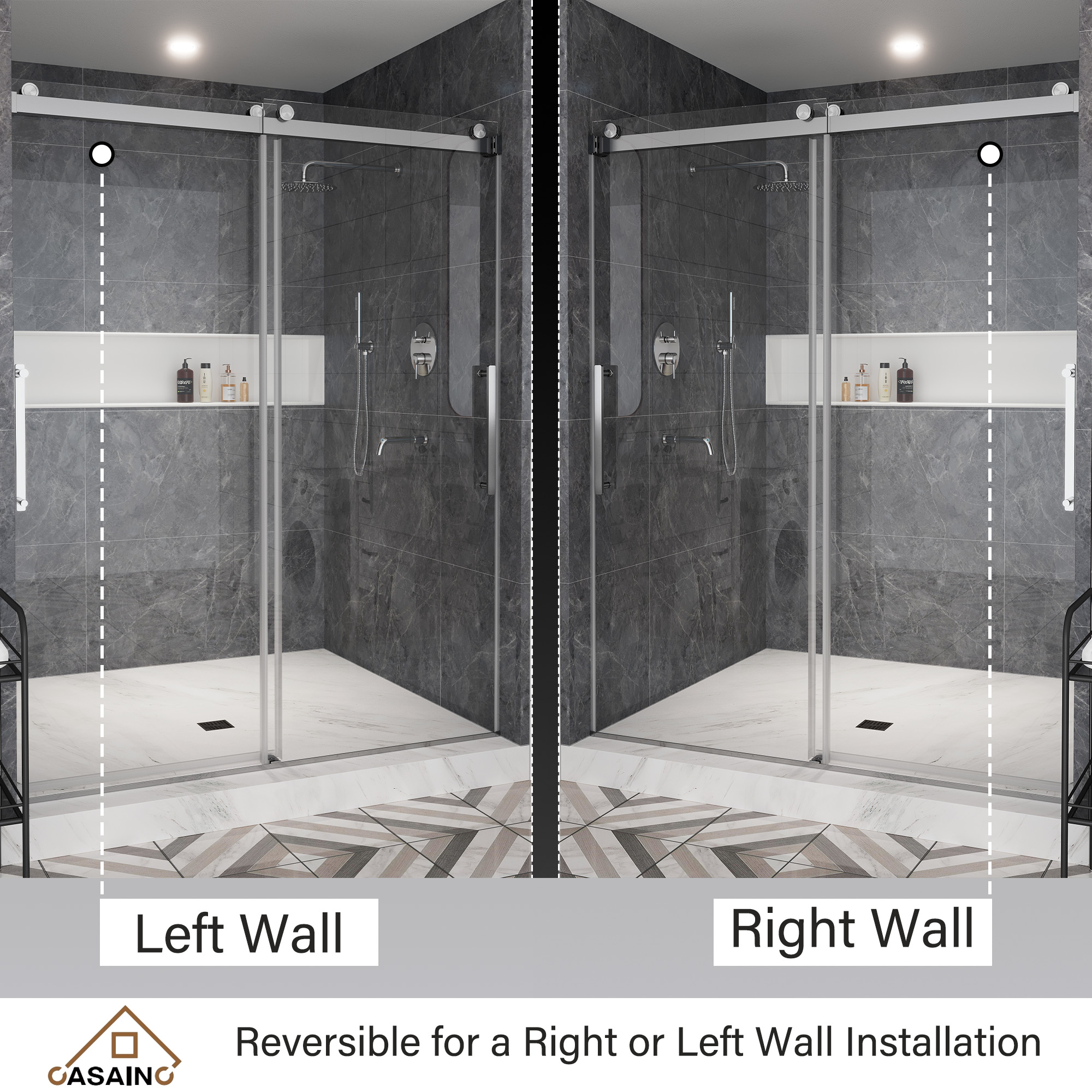 60"x76" Double Sliding Frameless Shower Door in Matte Black/Brushed Nickel/Chrome, Rounded Corners Tempered Glass with SGCC Certification, Reversible Design