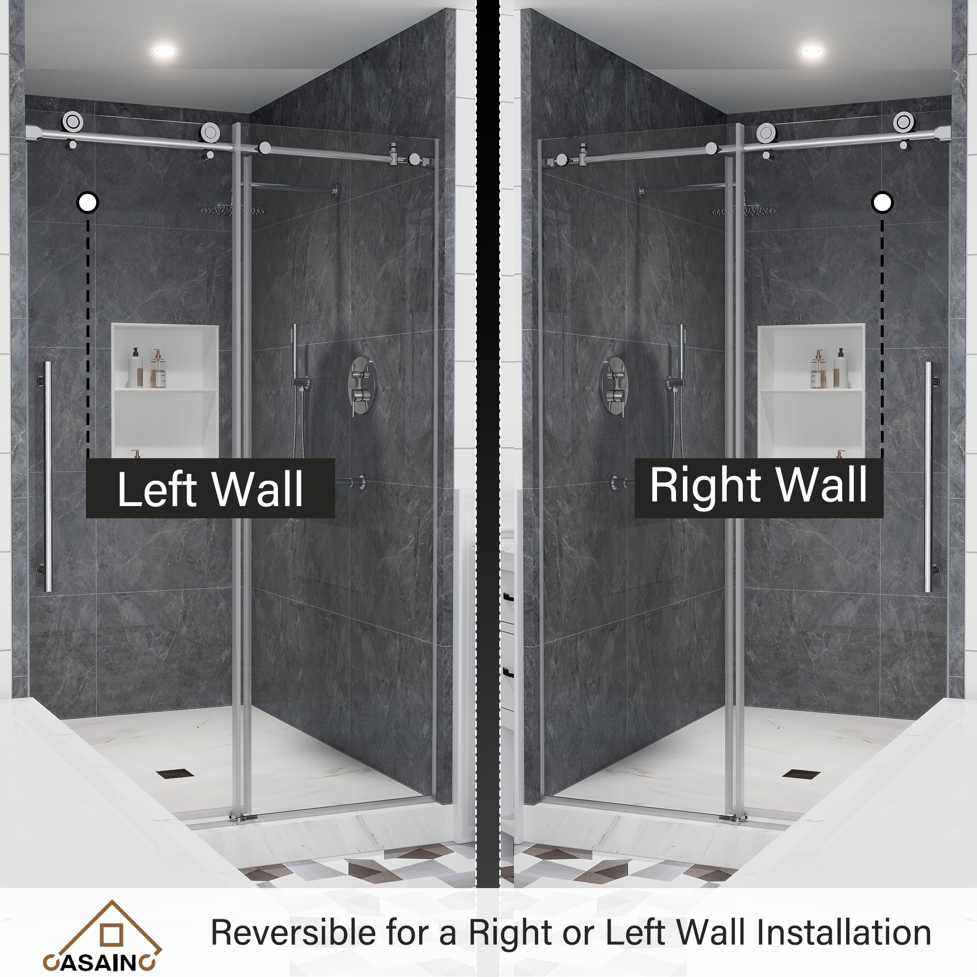 48"x76" Frameless Single Sliding Shower Door in Matte Black/Brushed Nickel/Chrome, Tempered Safety Glass and Reversible Installation