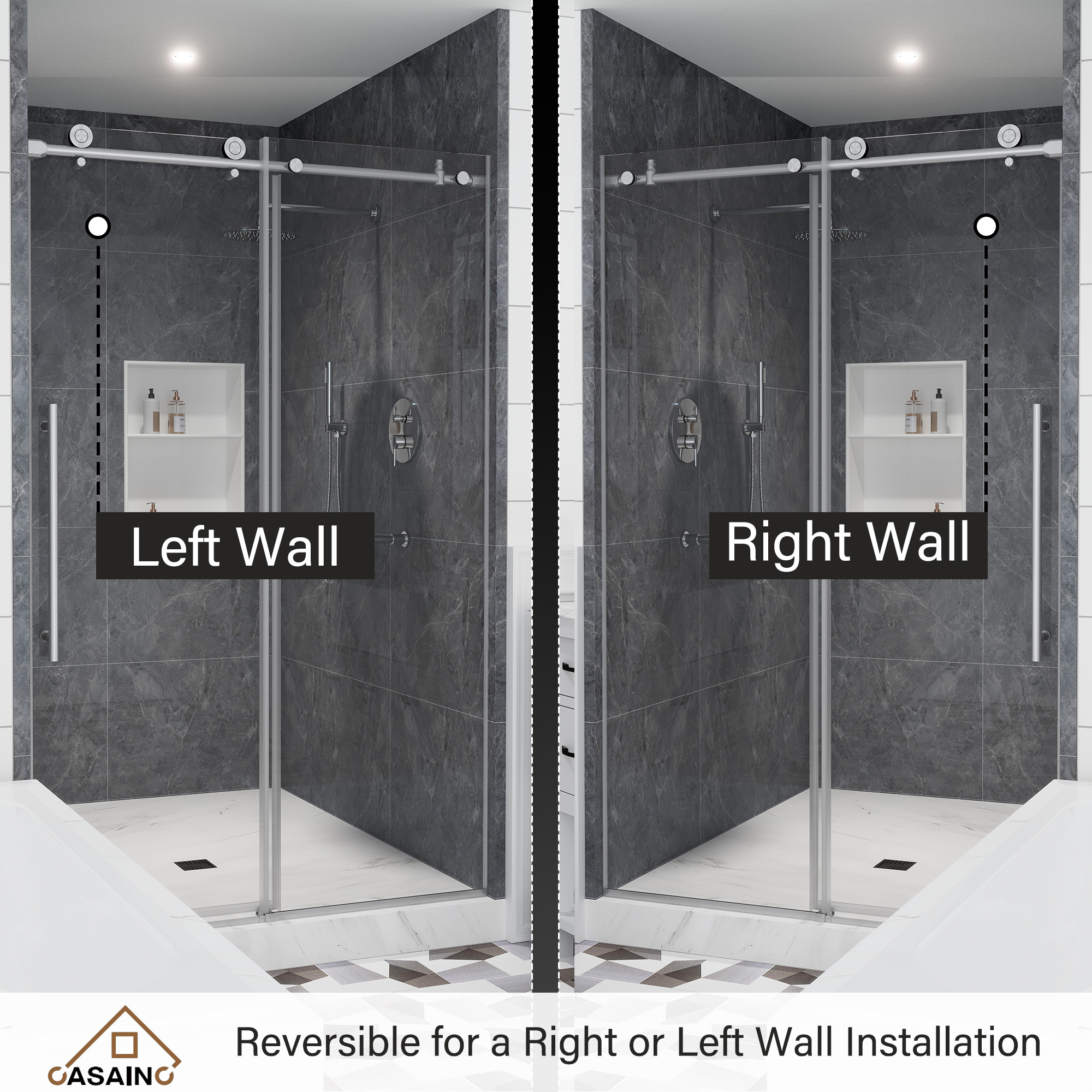 48"x76" Frameless Single Sliding Shower Door in Matte Black/Brushed Nickel/Chrome, Tempered Safety Glass and Reversible Installation