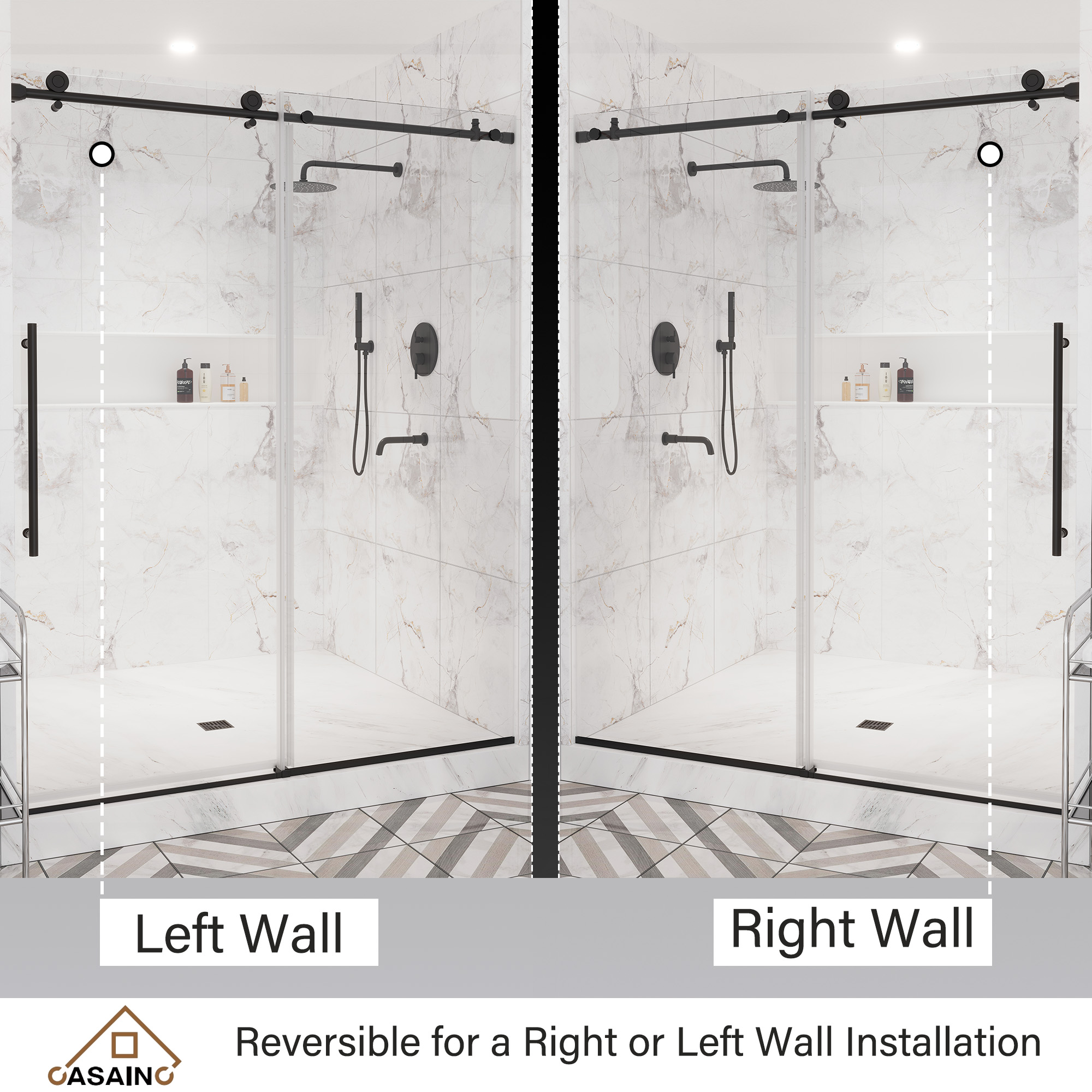 60"x76" Single Sliding Frameless Shower Door in Matte Black/Brushed Nickel/Chrome, Stainless Steel Wheels featuring an Anti-Skid Design