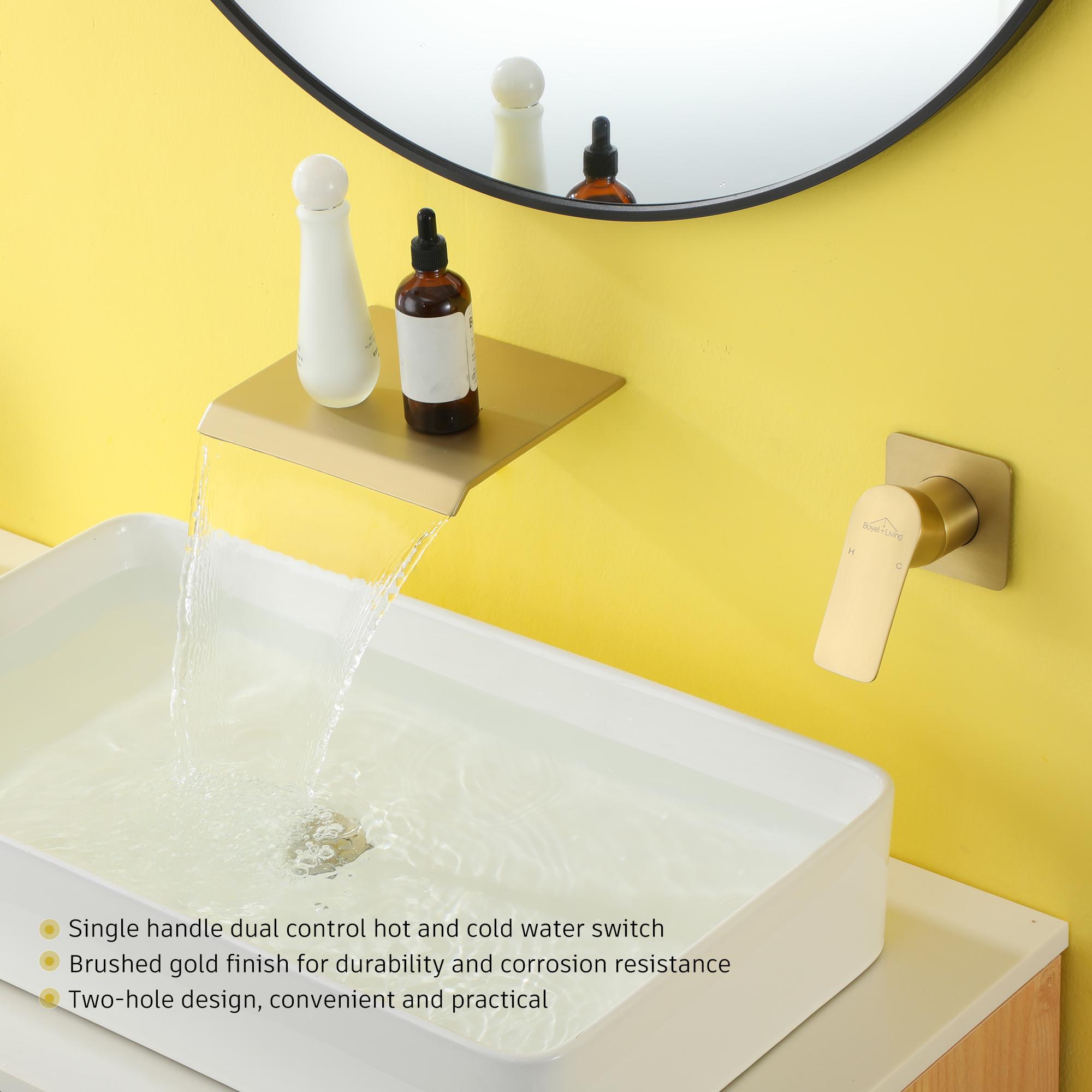 Wall Mounted Waterfall Bathroom Sink Faucet in Matte Black & Brushed Gold