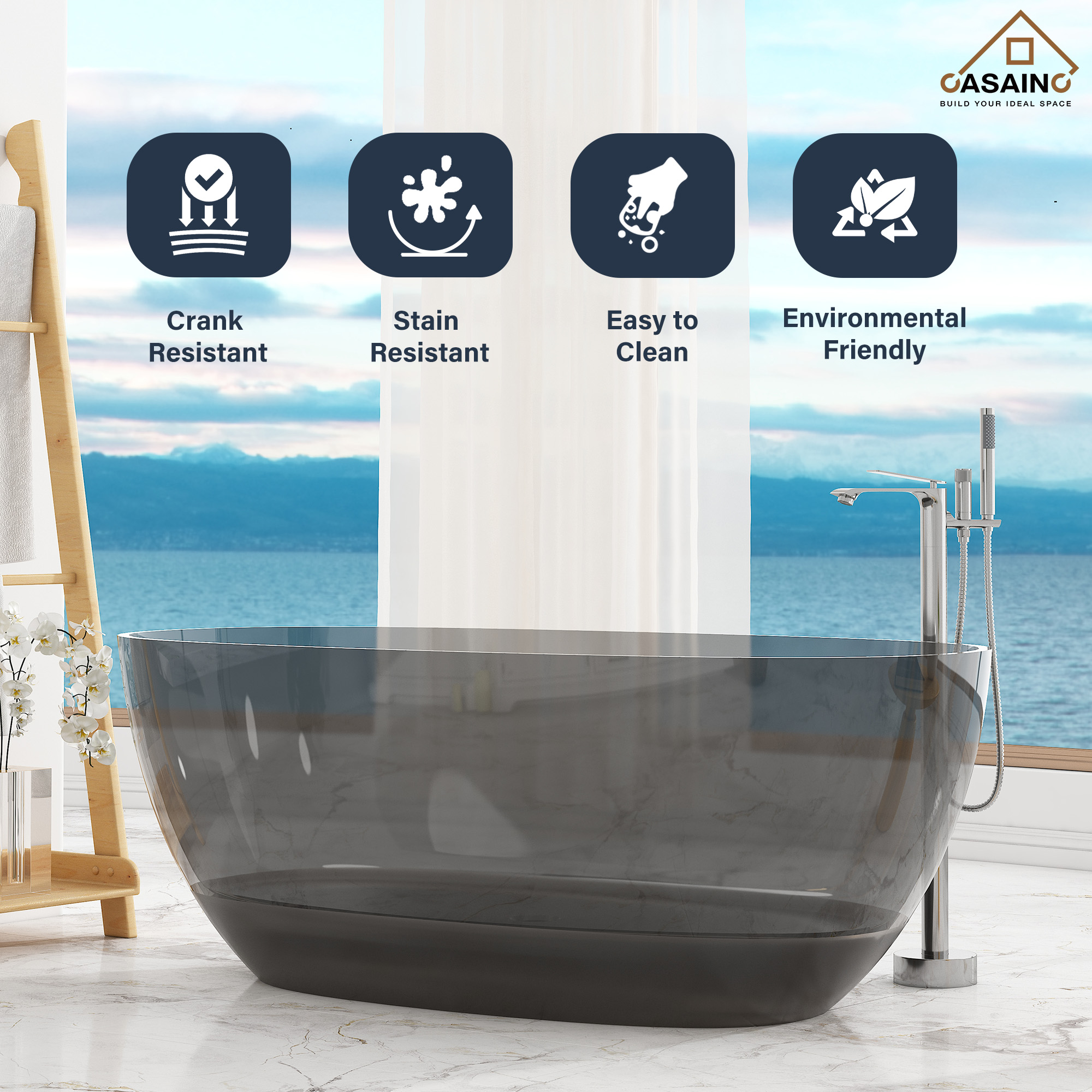 59"/67" Pure Resin Freestanding Transparent Bathtub with Center Drain