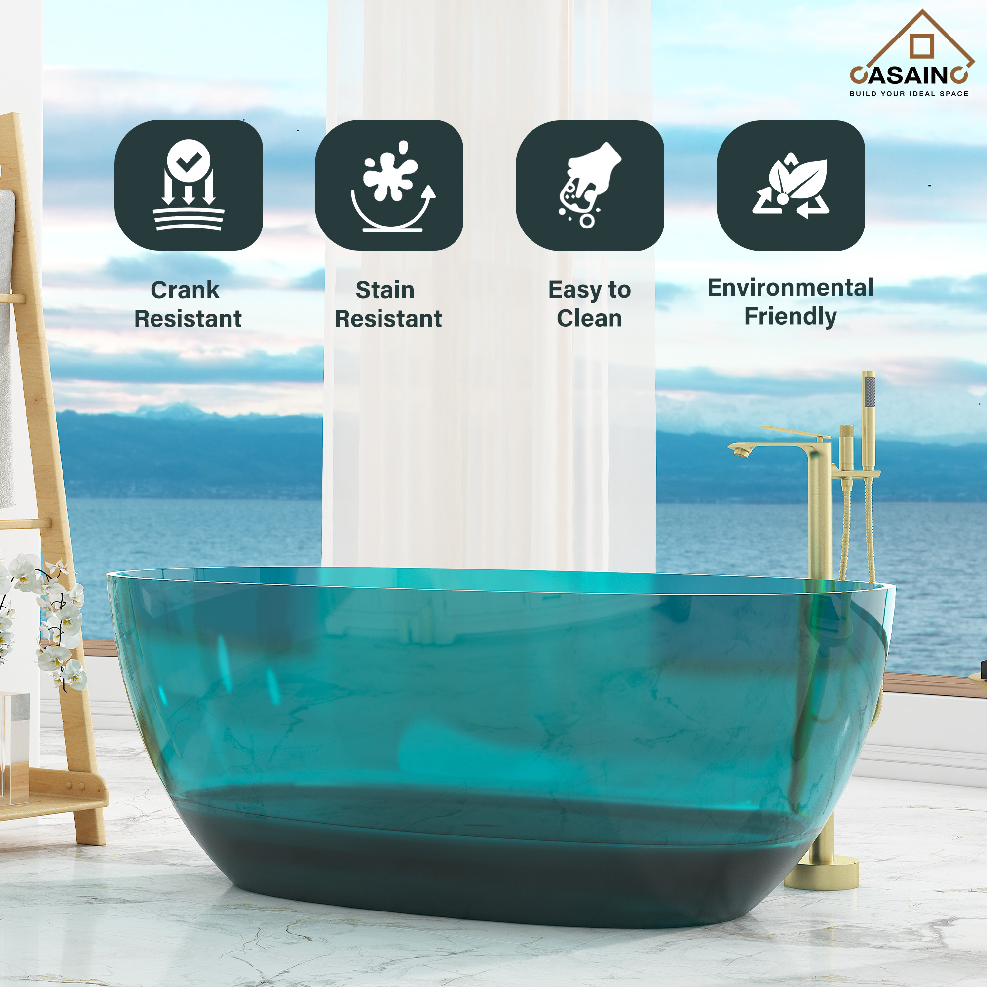 59"/67" Pure Resin Freestanding Transparent Bathtub with Center Drain