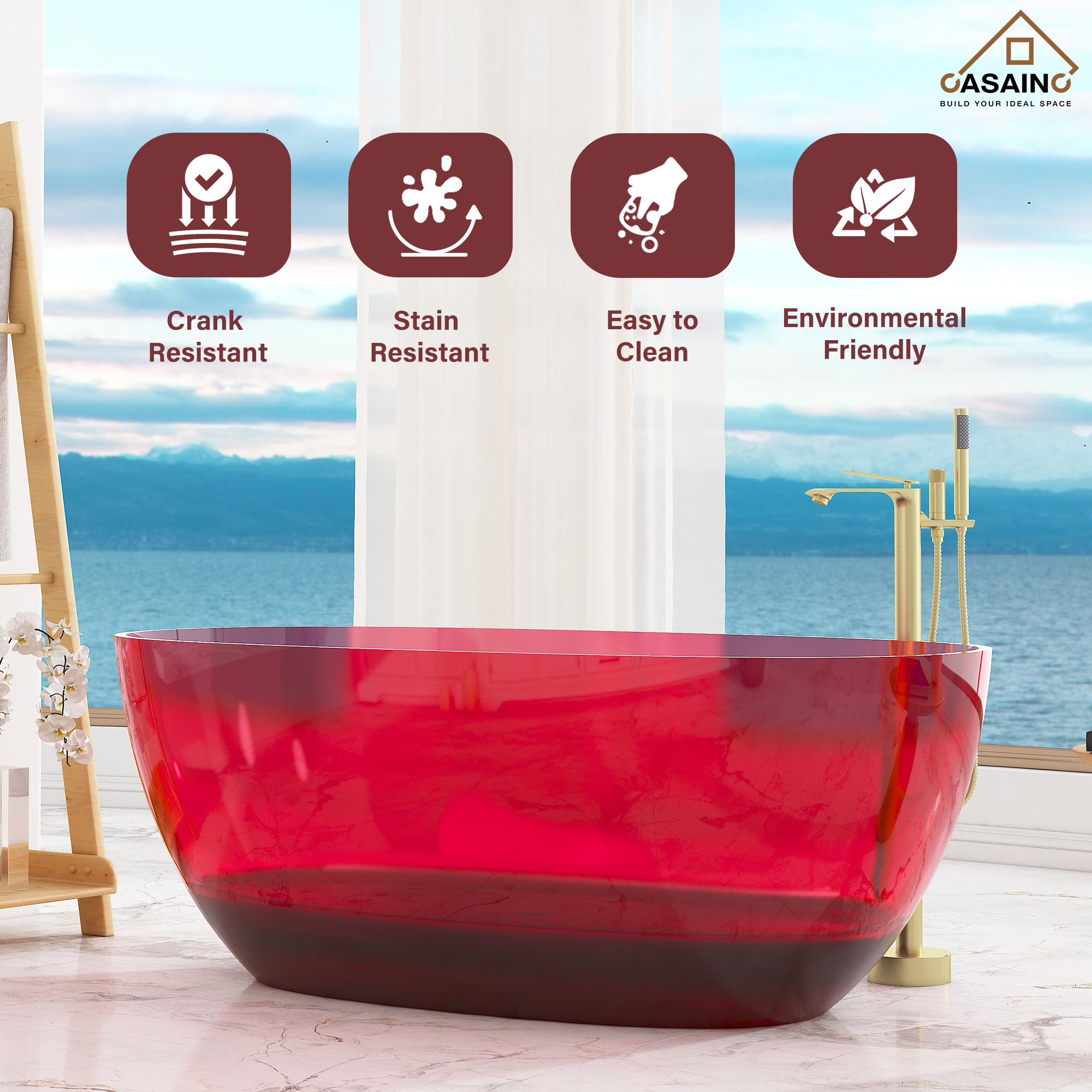 59"/67" Pure Resin Freestanding Transparent Bathtub with Center Drain