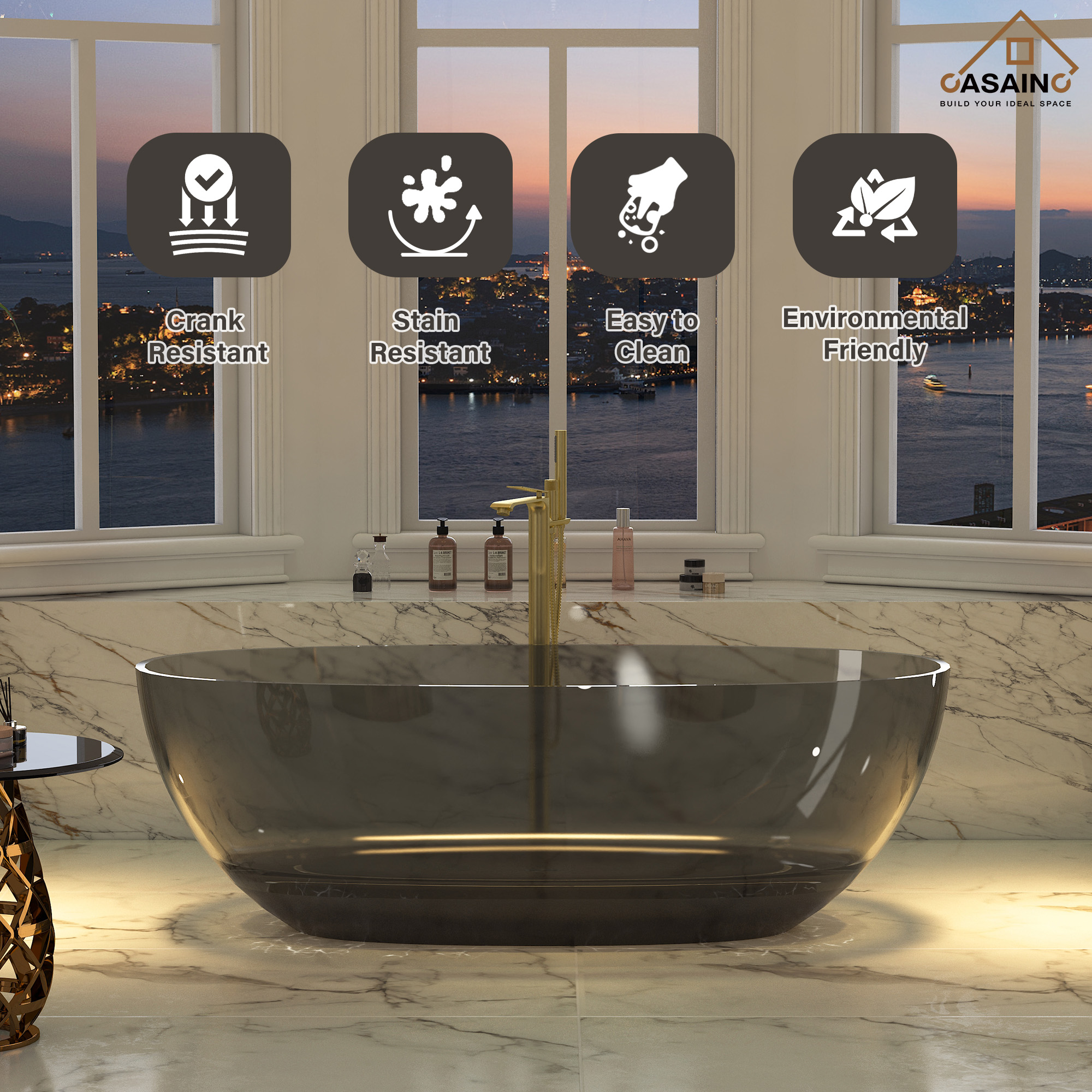 59"/67" Pure Resin Freestanding Transparent Bathtub with Center Drain