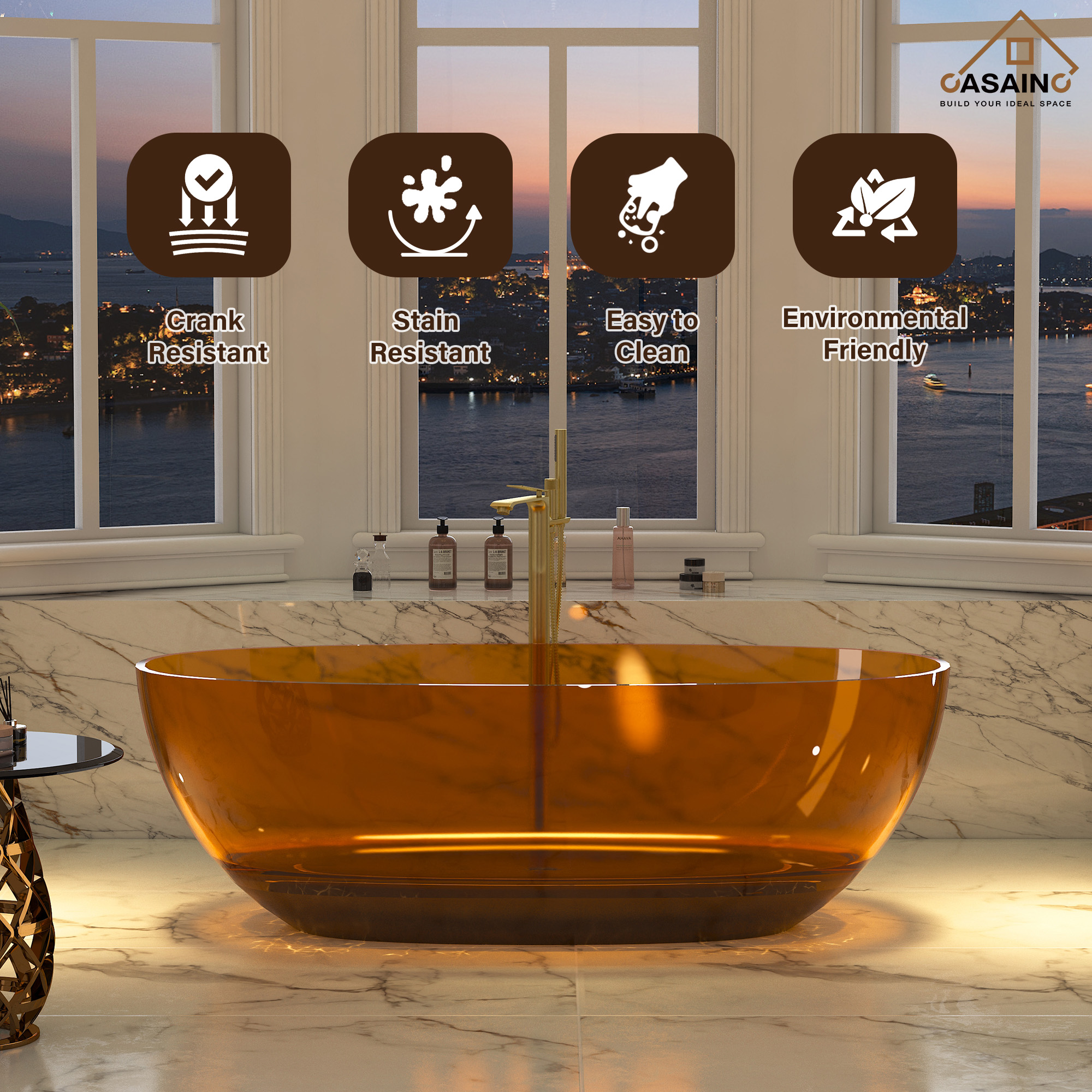 59"/67" Pure Resin Freestanding Transparent Bathtub with Center Drain